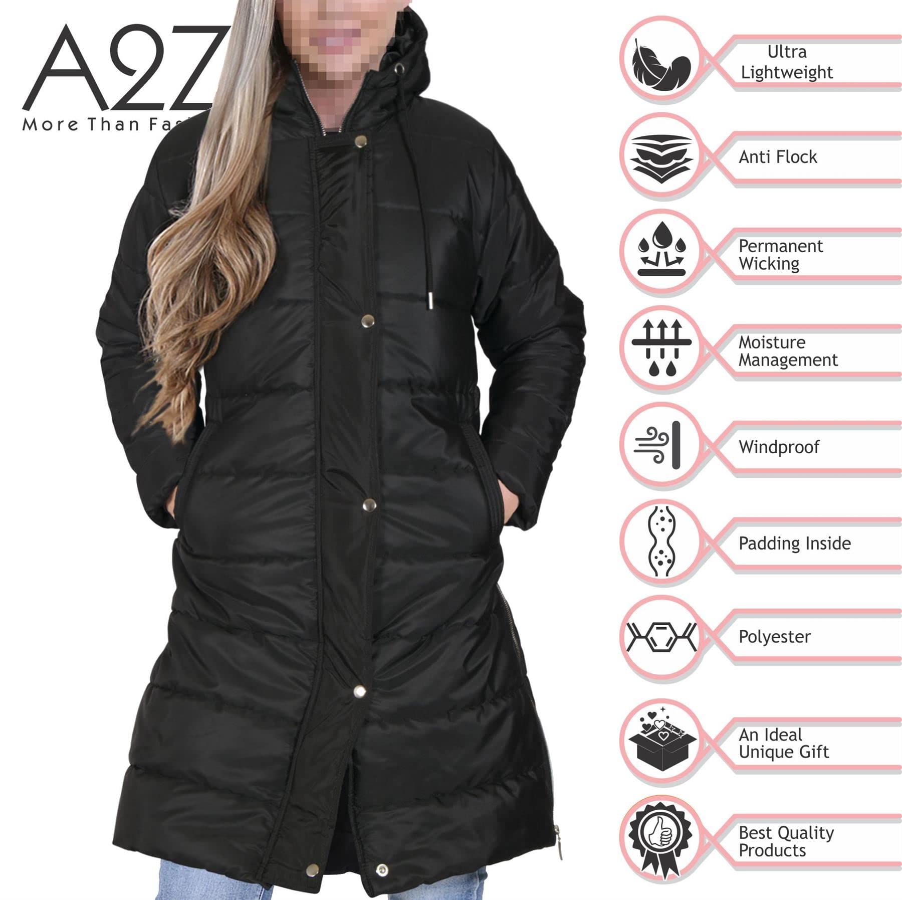 A2Z Damen Erwachsene Mädchen Lange Ärmel Jacke Schwarz Übergroß Mit Kapuze Gesteppt Gepolstert Lange Linie Weste Jacke Lang Mantel Urban Winter Wear