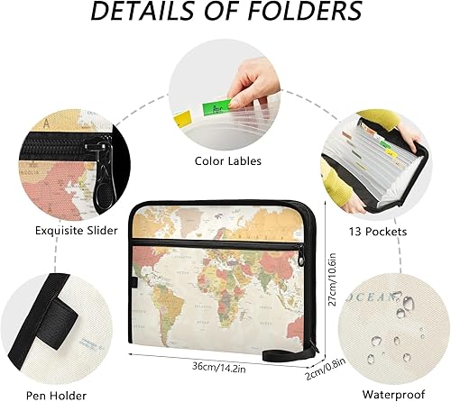 Miniatura 3 de susiyo Carpeta de archivos expandible de mapa del mundo vintage, 13 bolsillos, organizador expandible para tamaño carta A4