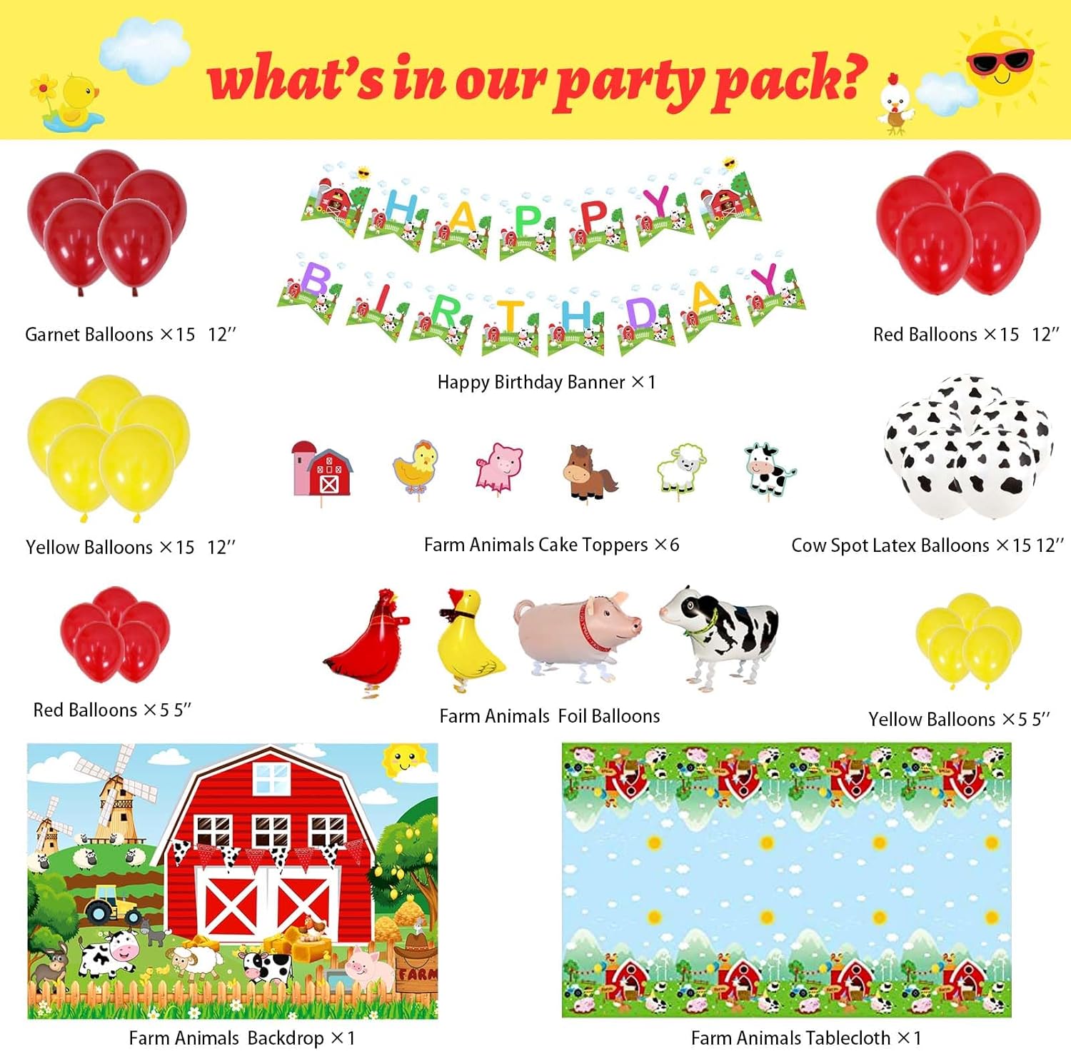 Farm Party Decorations, Farm Animal Themed Birthday Party Decorations Backdrop Balloon Arch Garland Banner Tablecloth Cake Cupcake Topper Barn Animals Red Yellow