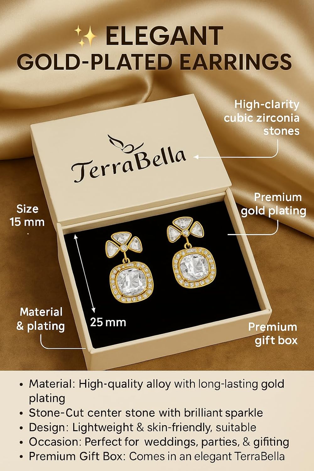 Terra Bella Elegant Gold-Plated Sturling Drop Earrings for Women with Sparkling Cushion-Cut Cubic Zirconia & Halo Accents | Lightweight Wedding, Party & Gifting Jewelry in Premium Gift Box