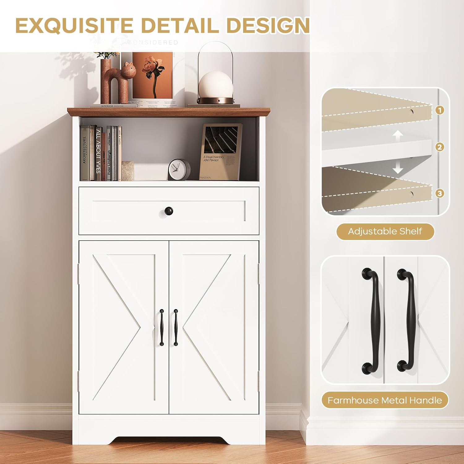 Floor Cabinet, Farmhouse Storage Cabinet with Barn Doors and Drawer, Freestanding Adjustable Shelf Organizer for Bathroom, Kitchen, Living Room White