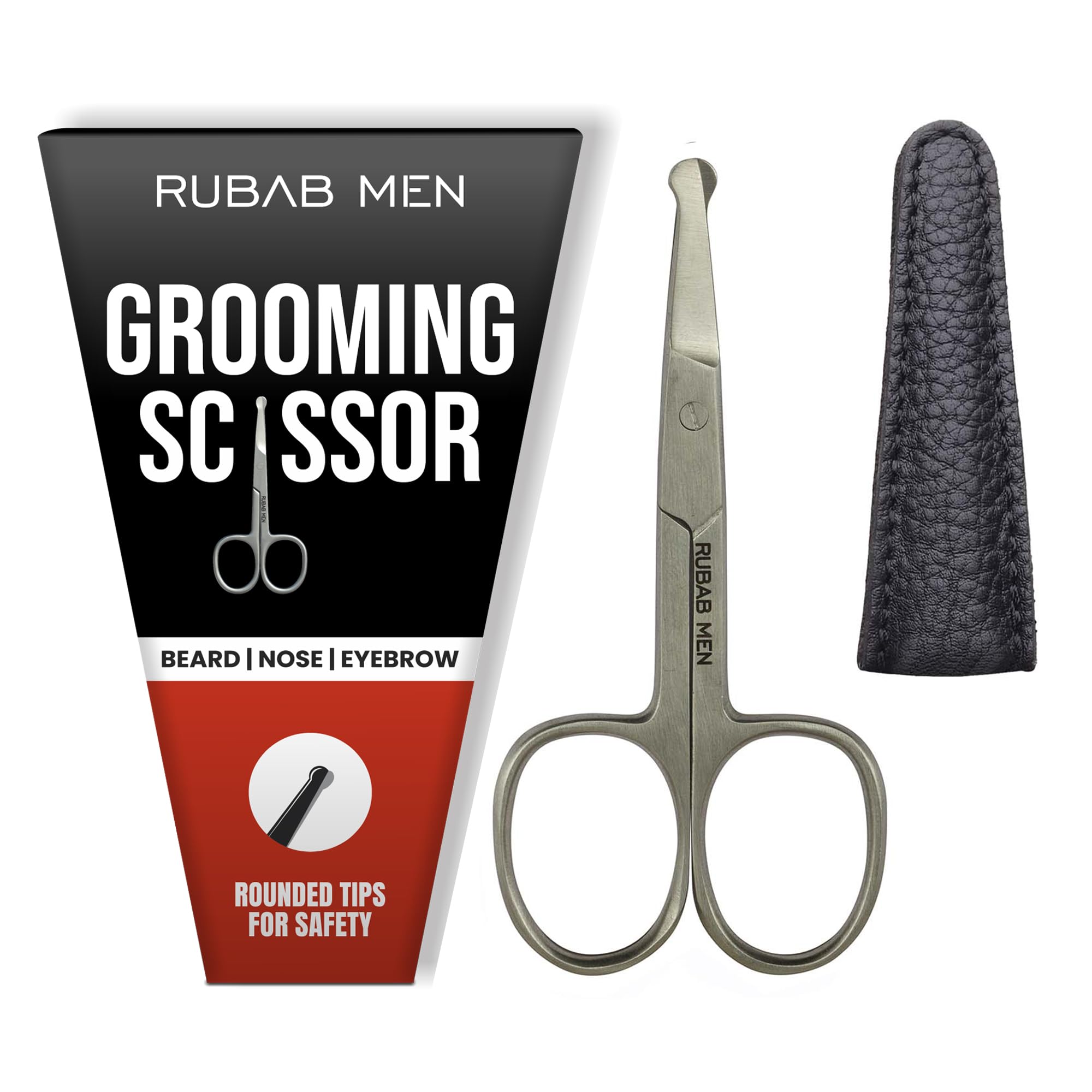 RUBAB MEN Nasal Safety Personal Grooming Scissor for Nose Hair, Beard, Moustache and Eyebrow | Safety Blunt Round Tip Heavy Duty & Rust-Free SS Metal | Travel Friendly with Hygiene Leather Case