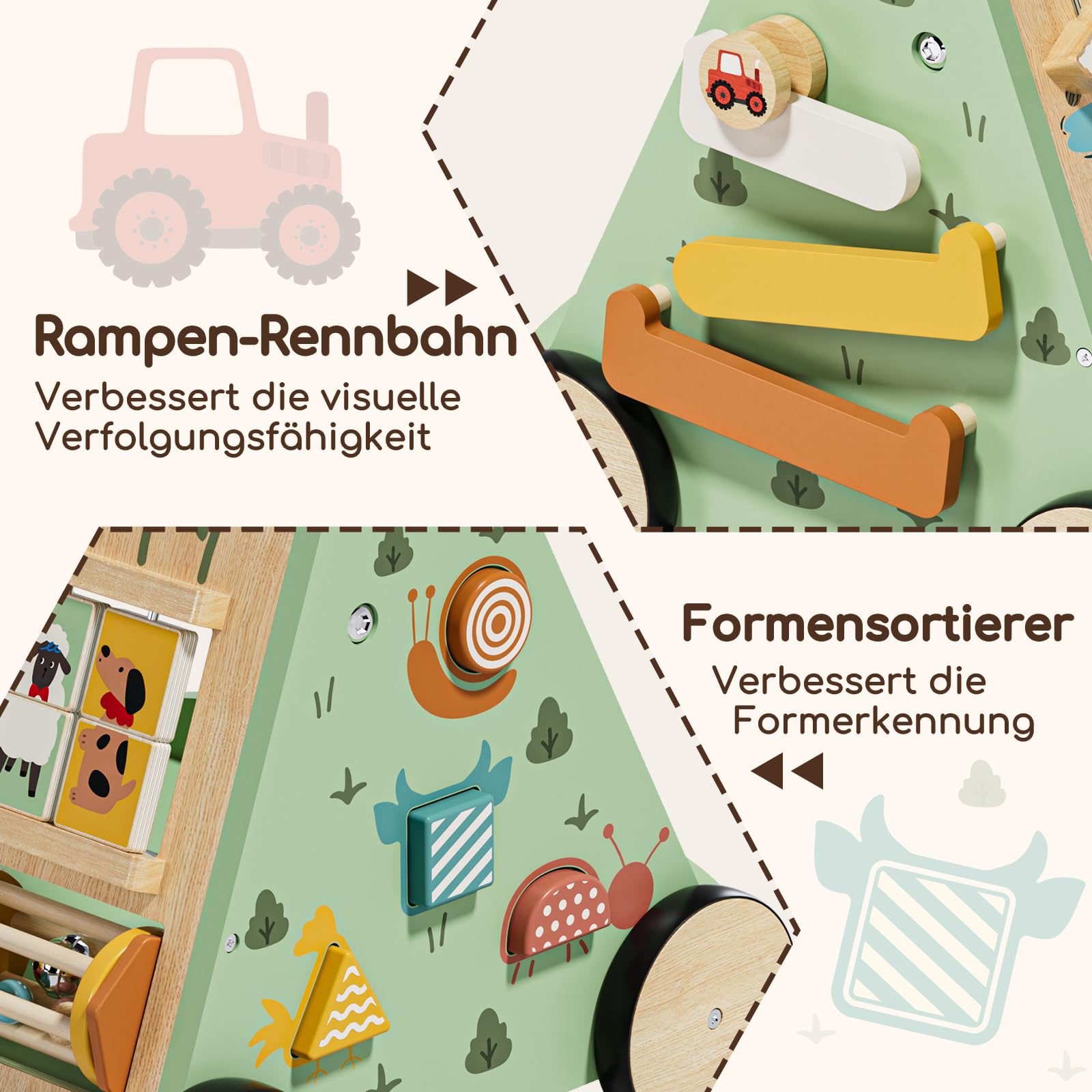 Lauflernwagen, Bauernhof Lauflernhilfe mit 10-in-1 Activity Center, Gehhilfe Baby, Lauflernwagen Holz mit Bremse, Montessori Spielzeug ab 1 jahr