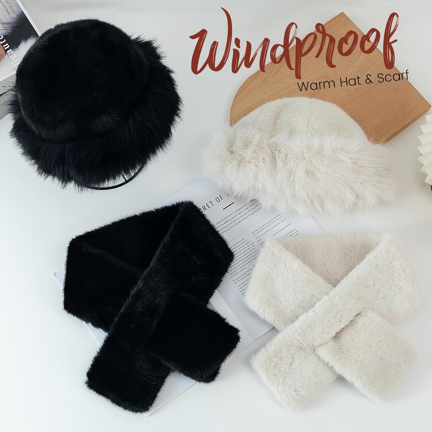 Hat and Scarf Set for Women, Faux Fur Hat Scarf Set Soft Thick War, Womens Winter Scarfs Hats Fuzzy Fluffy Plush Thick - Image 7