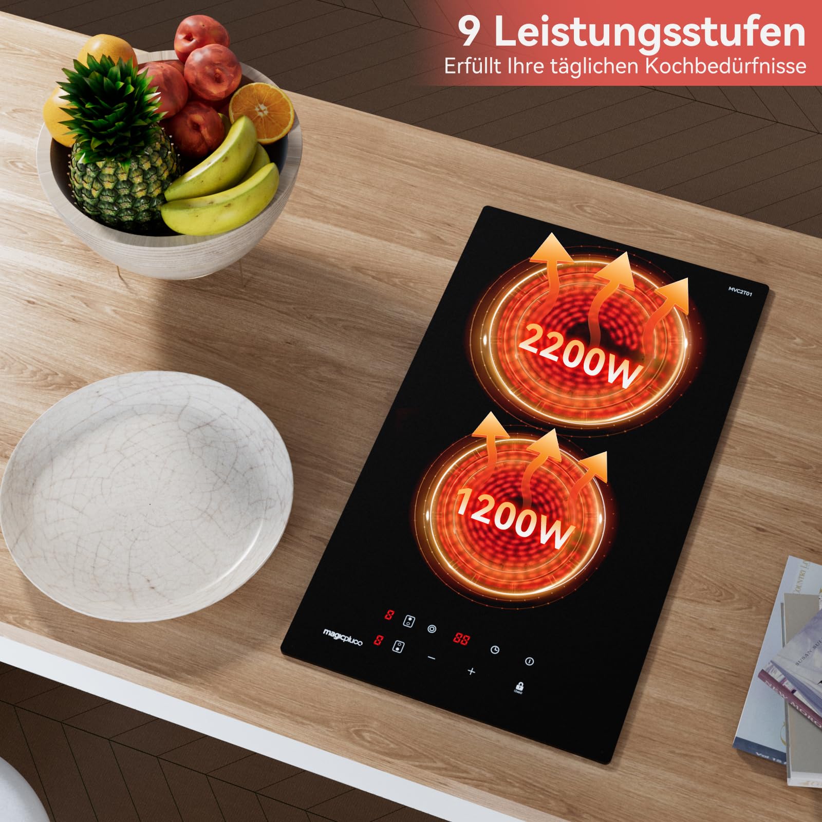 magicplux Glaskeramikkochfeld,Eingebaut schwarz Glaskeramik elektrisches Kochfeld,9 Leistungsstufen,Sensor-Touch-Steuerung, Kindersicherung, 1-99 Minuten-Timer,Geeignet für Alle Töpfe