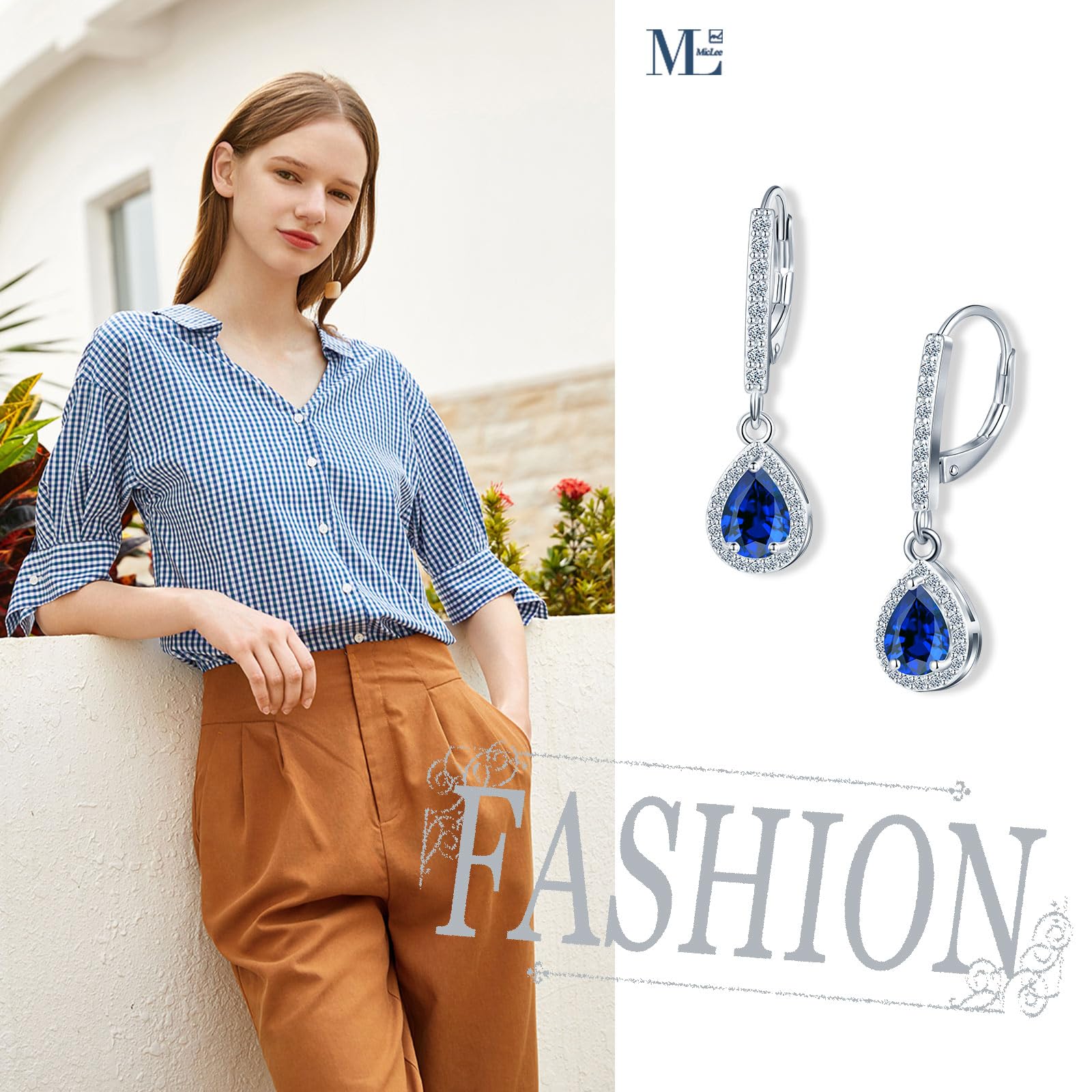 MicLee Damen Saphir Ohrringe Anhängern 925 Sterling Silber Creolen mit French Verschluss Zirkonia Ohrhänger Elegant Ohrschmuck für Alltag Hochzeit Party