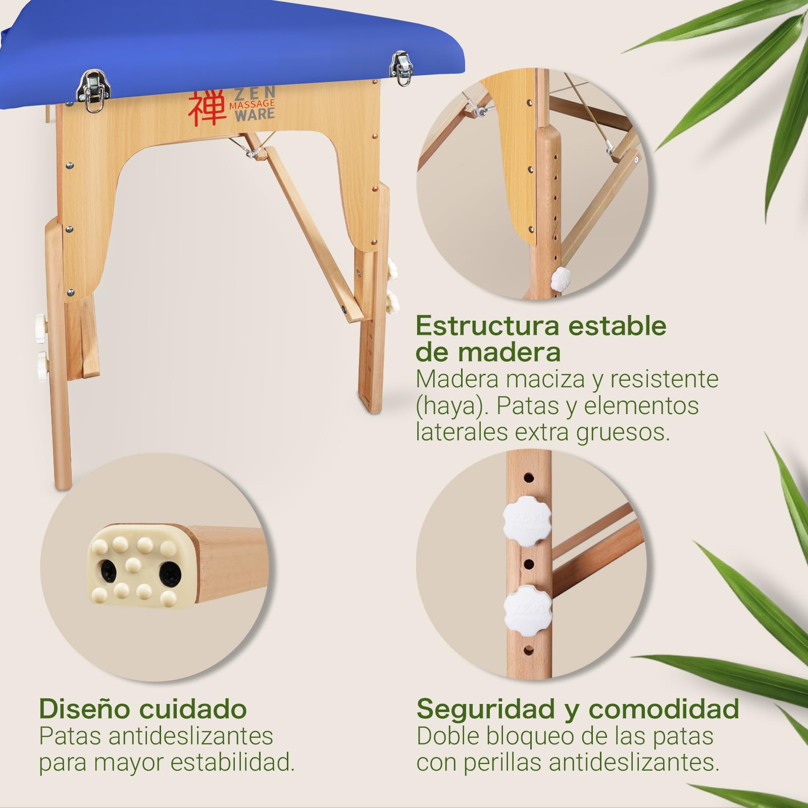 Zen – Camilla Masaje Plegable Mobile Startup de Altura Regulable - Camilla estetica sólida de Madera Maciza - Camilla Plegable con cabecera Regulable, reposabrazos y Bolsa de Transporte Azul Real