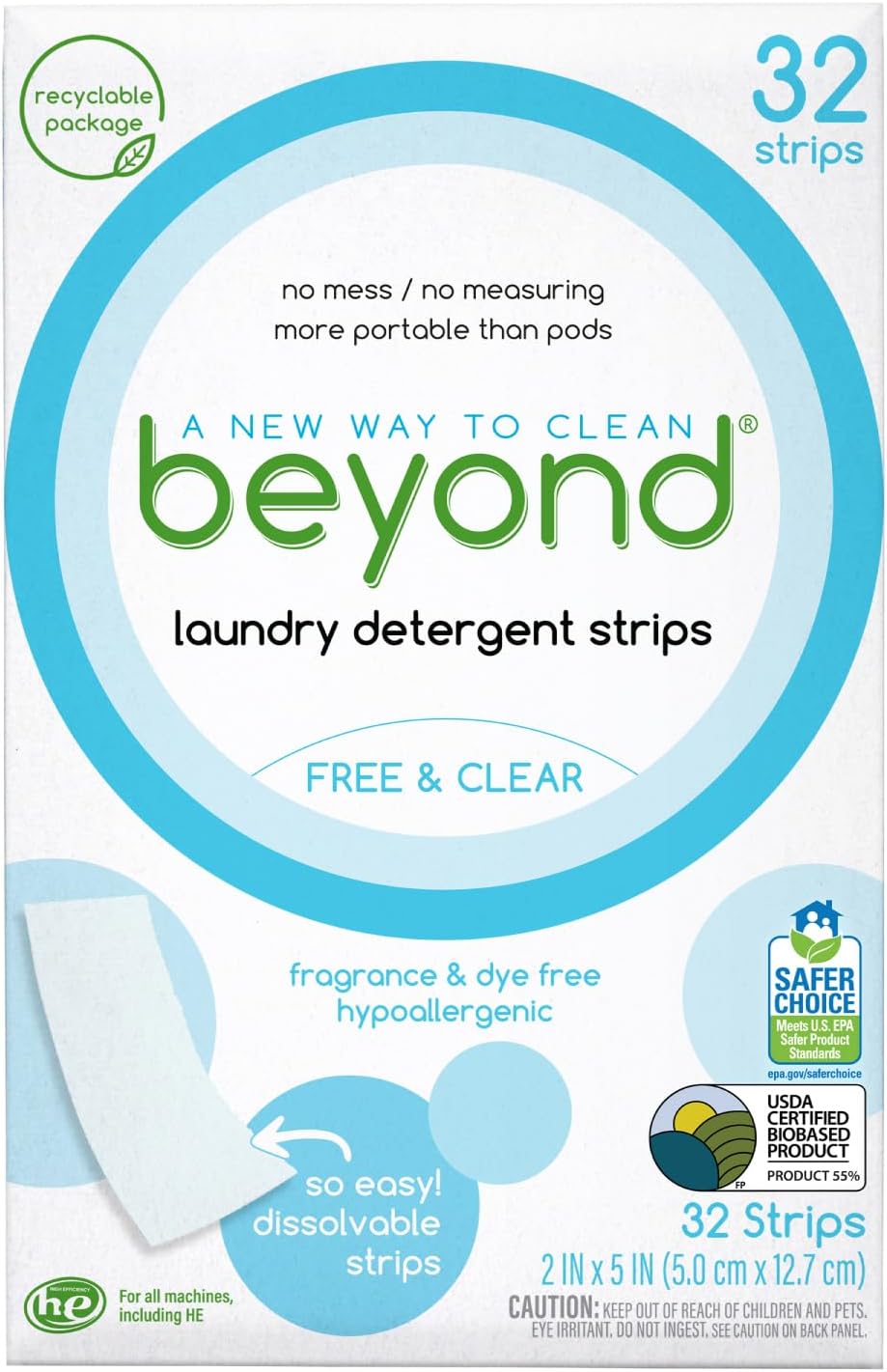 Beyond Laundry Detergent Strips [32 strips] – Free & Clear – Eco-friendly, Hypoallergenic. Travel friendly. Dissolvable Strips.