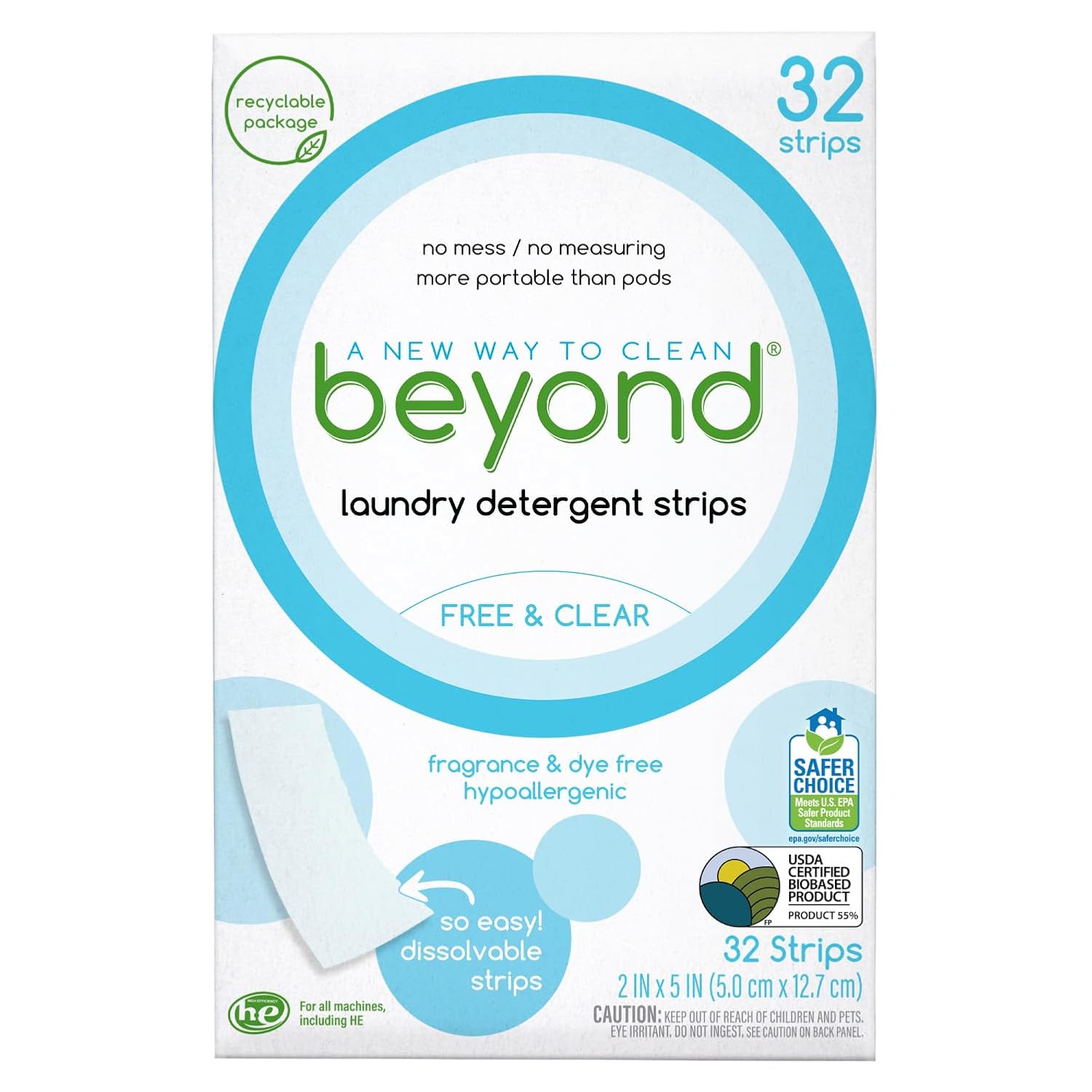 Beyond Laundry Detergent Strips 32 strips - Free Clear - Eco-friendly Hypoallergenic Travel friendly Dissolvable Strips