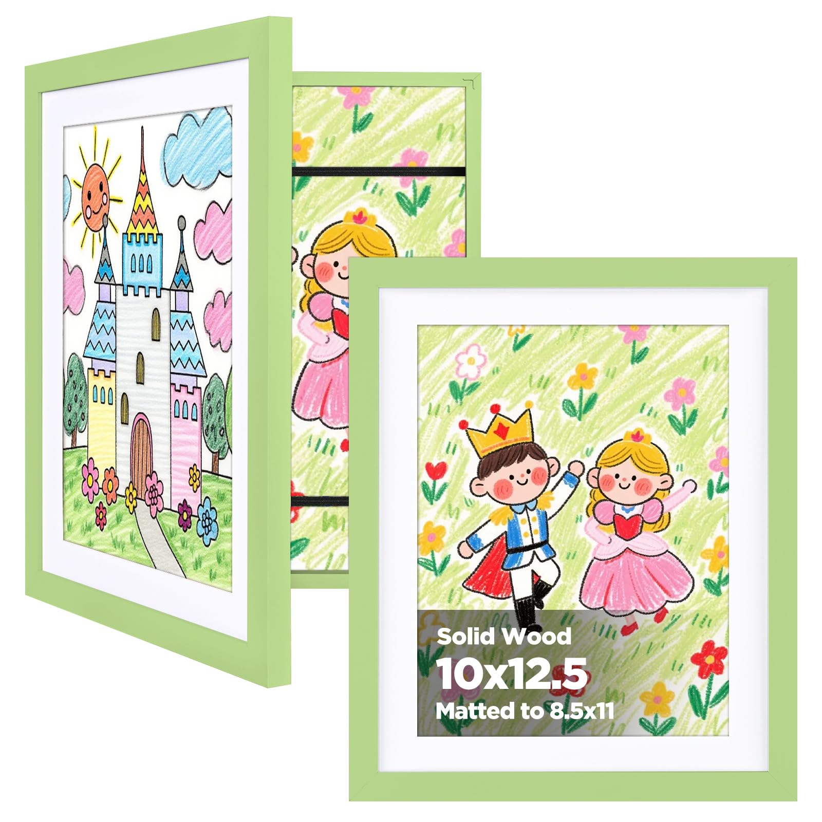 KINLINK 10x12.5 Kids Art Frame 2 Pack, Solid Wood Artwork Frames Changeable, Front Opening Hold 150 Pictures, Art Frames for Kids Artwork, 8.5x11 with Mat 10x12.5 without Mat, Picture Frames Light Green