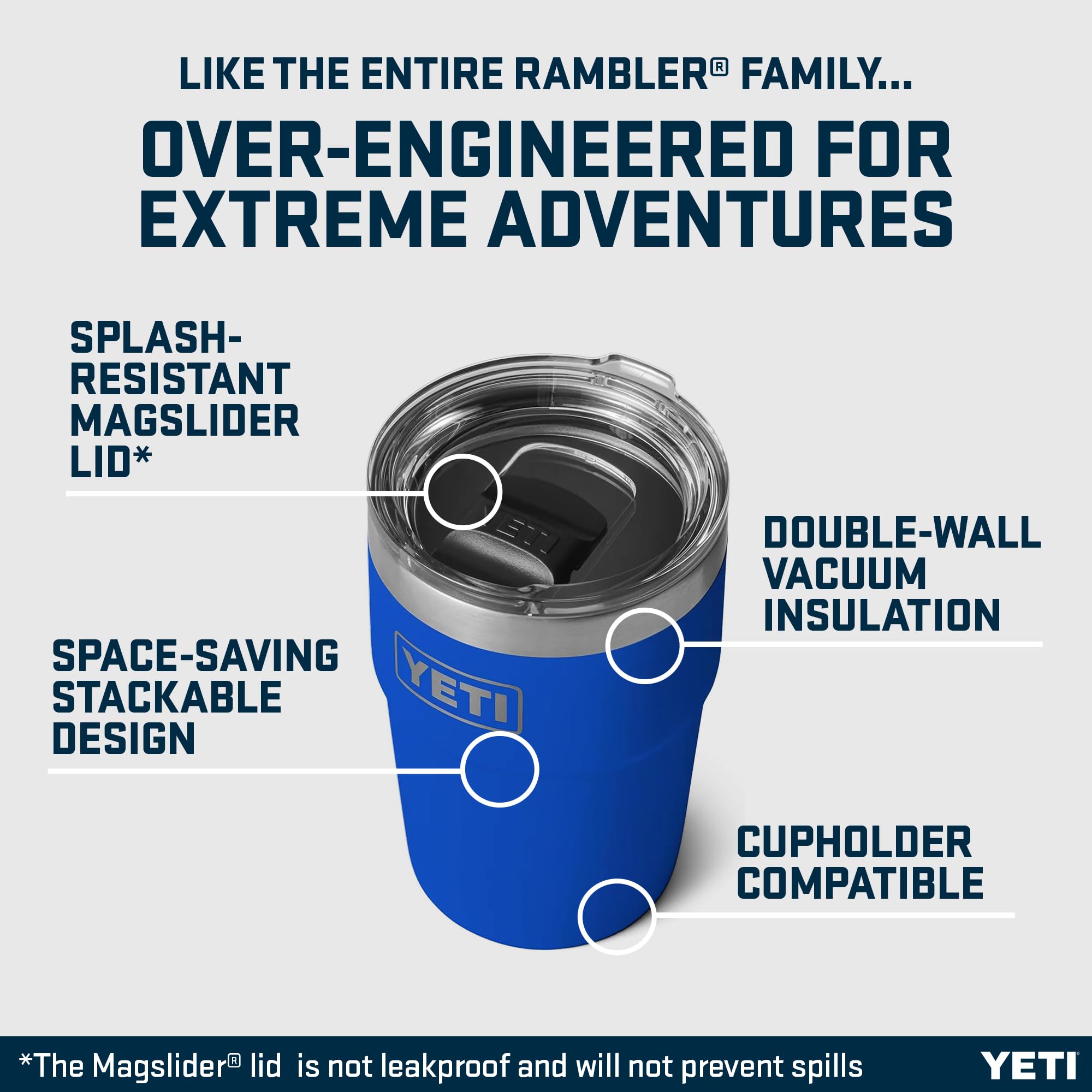 YETI Rambler Tazza Impilabile da 16 oz (473 ml) con Coperchio Magslider Rimovibile, Tazza da Caffè in Acciaio Inossidabile con Isolamento Sottovuoto, Blu Royal