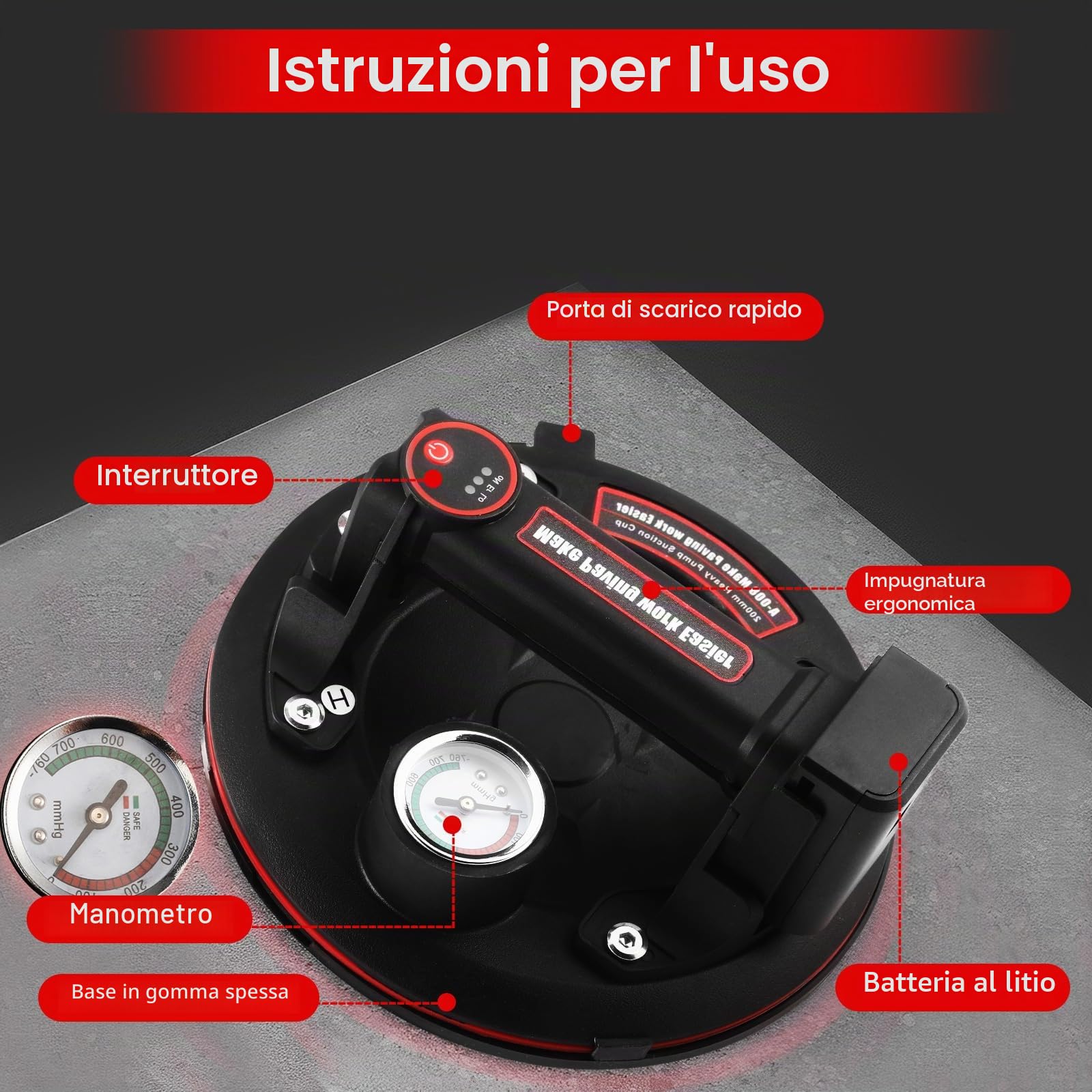 2 pezzi ventosa elettrica da 8" sollevatore per piastrelle a batteria con manometro, batteria x4, cassetta degli attrezzi, capacità di carico 200 kg, per il trasporto di acquari, piastrelle, vetro