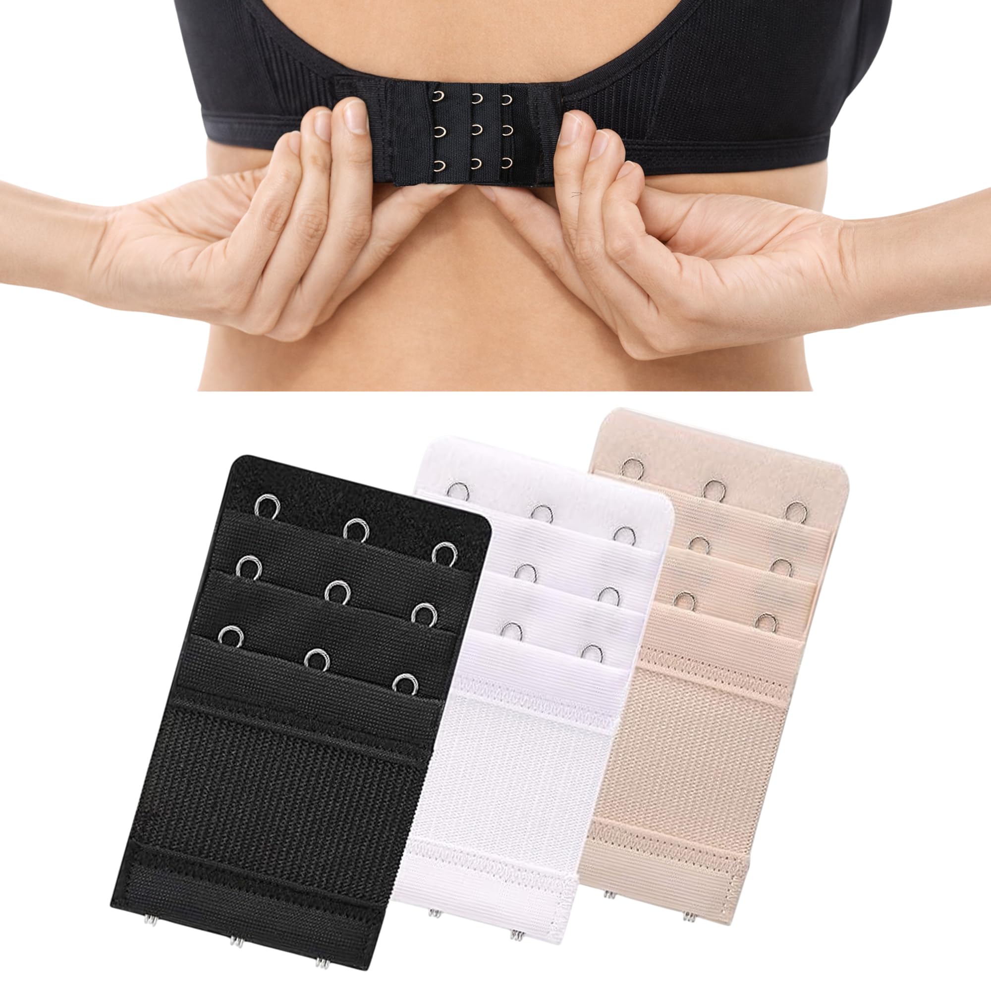 Women's Bra Extenders 3 Hook Comfortable Stretchy Bra Extension Strap maternity pack of 3 (Black, White, Nude)
