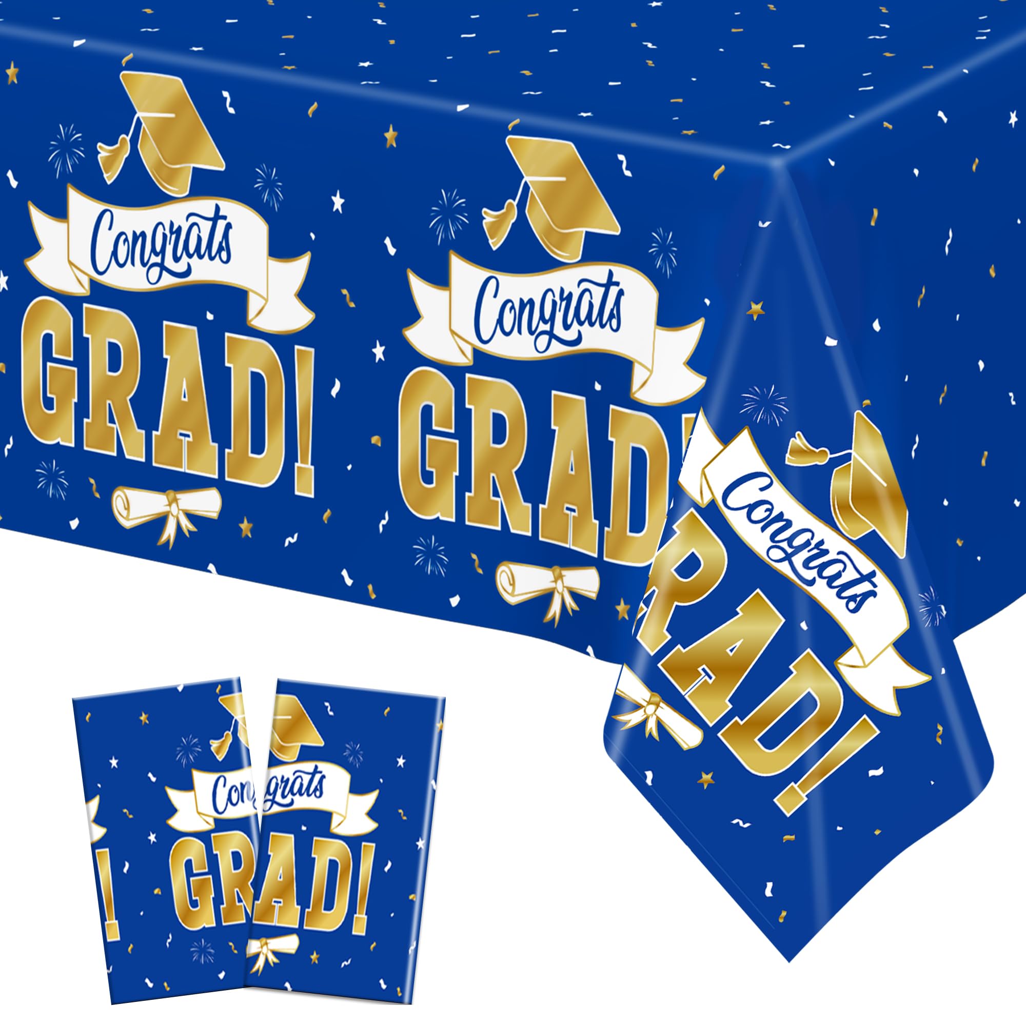 2Pack 2026 Graduation Decorations, 108" X 54" Graduation Tablecloth, Bluegold Disposable Table Cover for Grad Party Favors Supplies, Rectangle Plastic Tablecover for Class 2026 Congrats Grad for Kids