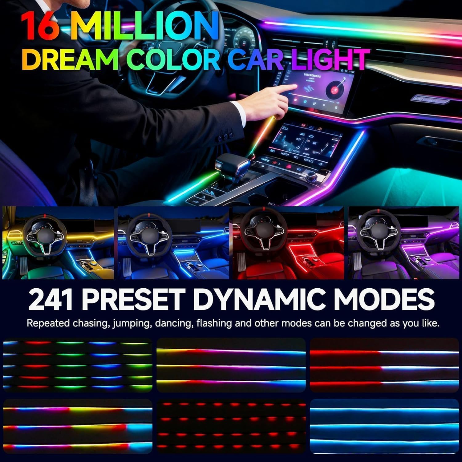 Interior Car LED Strip Lights, Acrylic LED Lights for Car with Dynamic Dreamcolor Chasing, 10 in 1 175 inches 593 LEDs Ambient Lighting Kits Music Sync Wireless APP and Remote Control