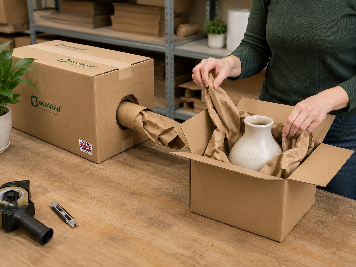 Carta vuota in scatola dispenser, 375 mm x 300 m x 75 g/m², 100% riciclata, pronta all'uso, compatta e sostenibile, materiale di riempimento, materiale protettivo per scatole di imballaggio