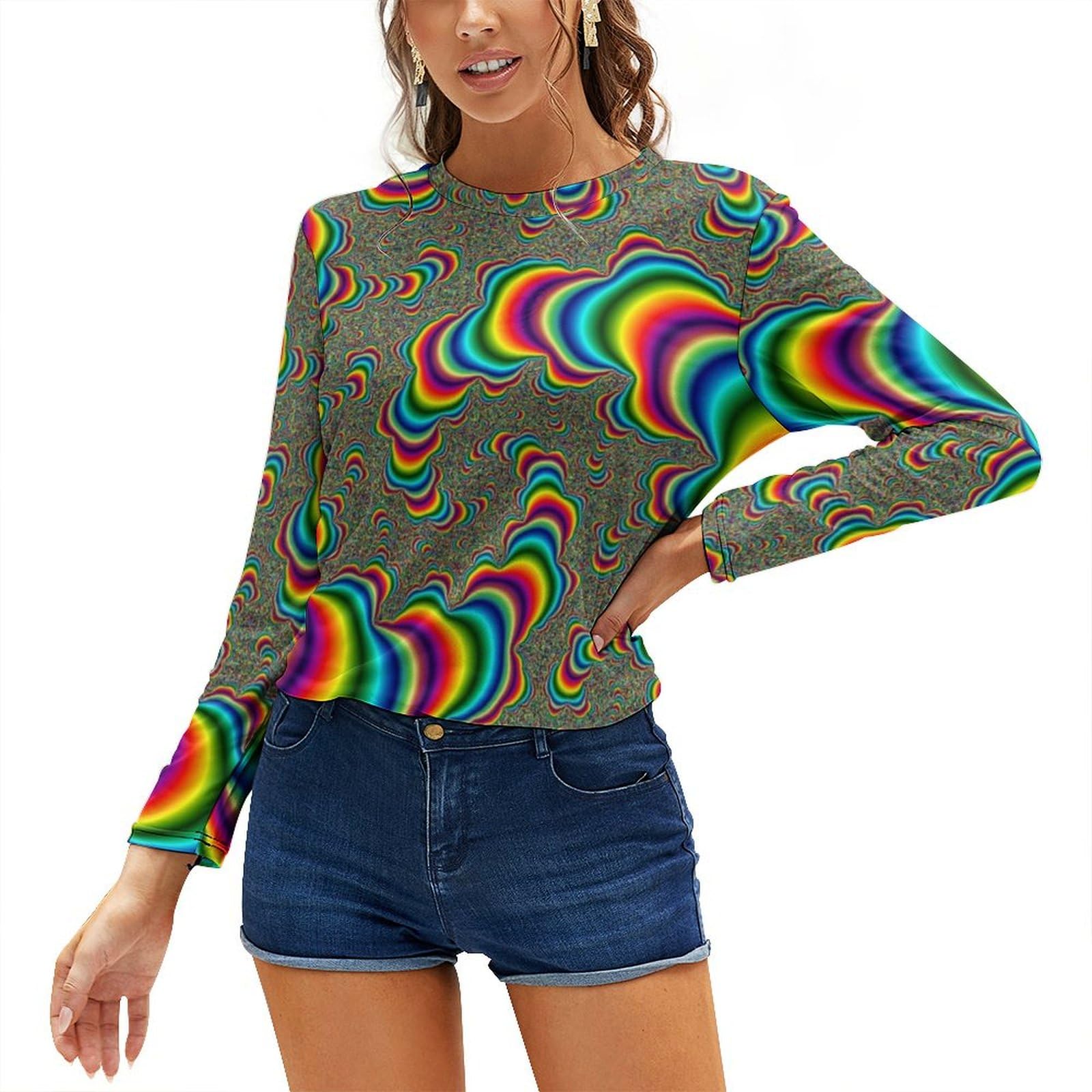 JZemdybill Women's Top, Psychedelic Trippy Rainbow Long Sleeve T-Shirt, Casual Long Sleeve Crew Neck Top