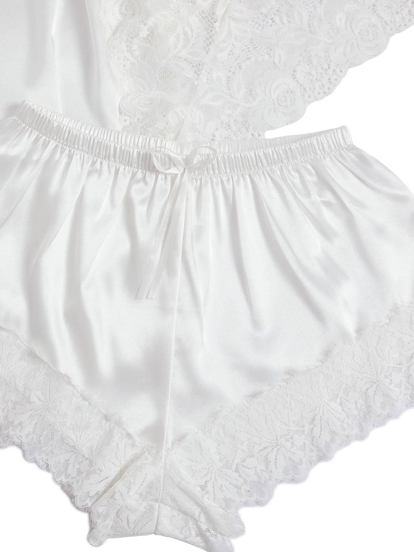 Conjunto de ropa de noche de 4 piezas, pijama completa de satén con encaje floral y dos piezas de lencería, Blanco (Snow white), M 3