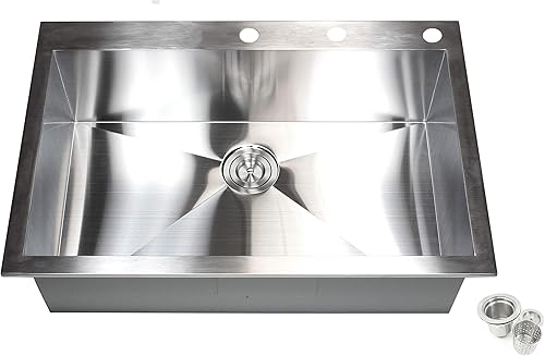 Lavabo de cocina de calibre 16, de acero inoxidable, duradero, contemporáneo, de calibre 16, con colador de cesta de elevación (33 pulgadas)