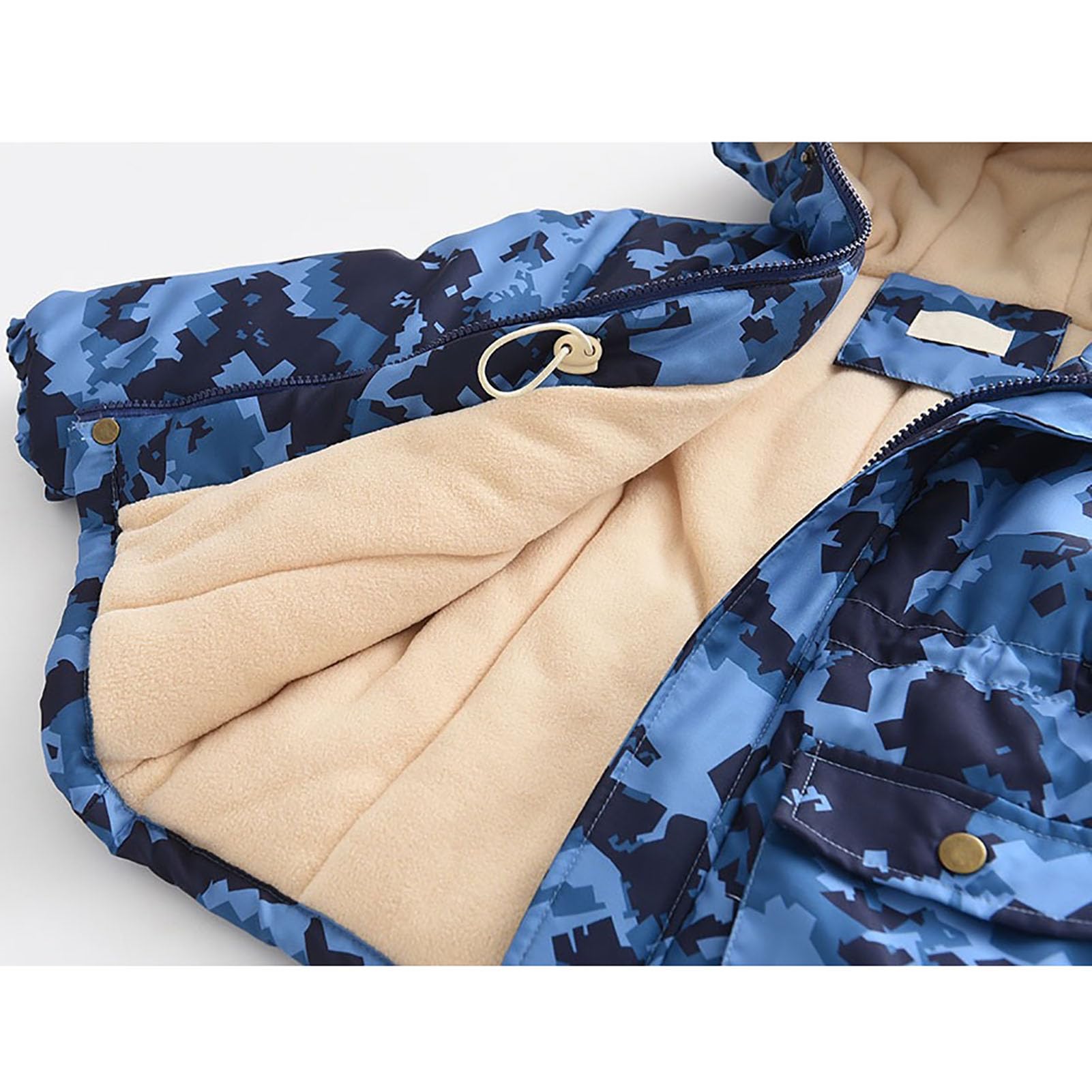 Chaqueta acolchada para niños [3-14 años] chaqueta de invierno cálida a prueba de viento con capucha estampado dinosaurio cremallera parka para otoño invierno, camuflaje azul, 116