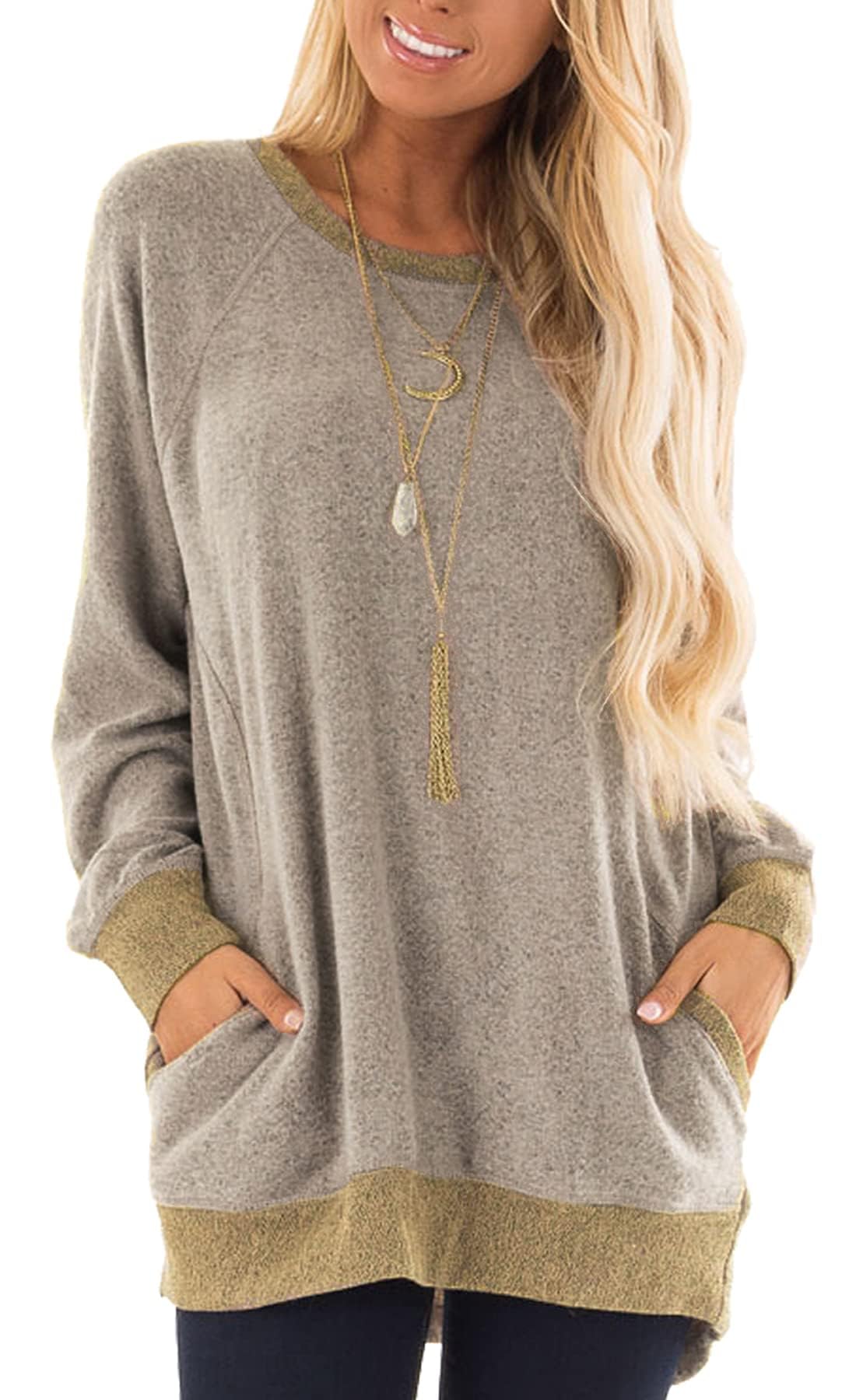 Long Sleeve T Shirts Round Neck Sweatshirts Color Block Tunic Loose-Fitting Blouses Cozy Top with Pockets-picture-18