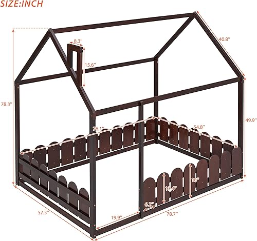 Miniatura 2 de Montessori - Base de cama de tamaño matrimonialcasa, cama de piso para niños, cama de piso Montessori con valla, puerta y chimenea, color espresso