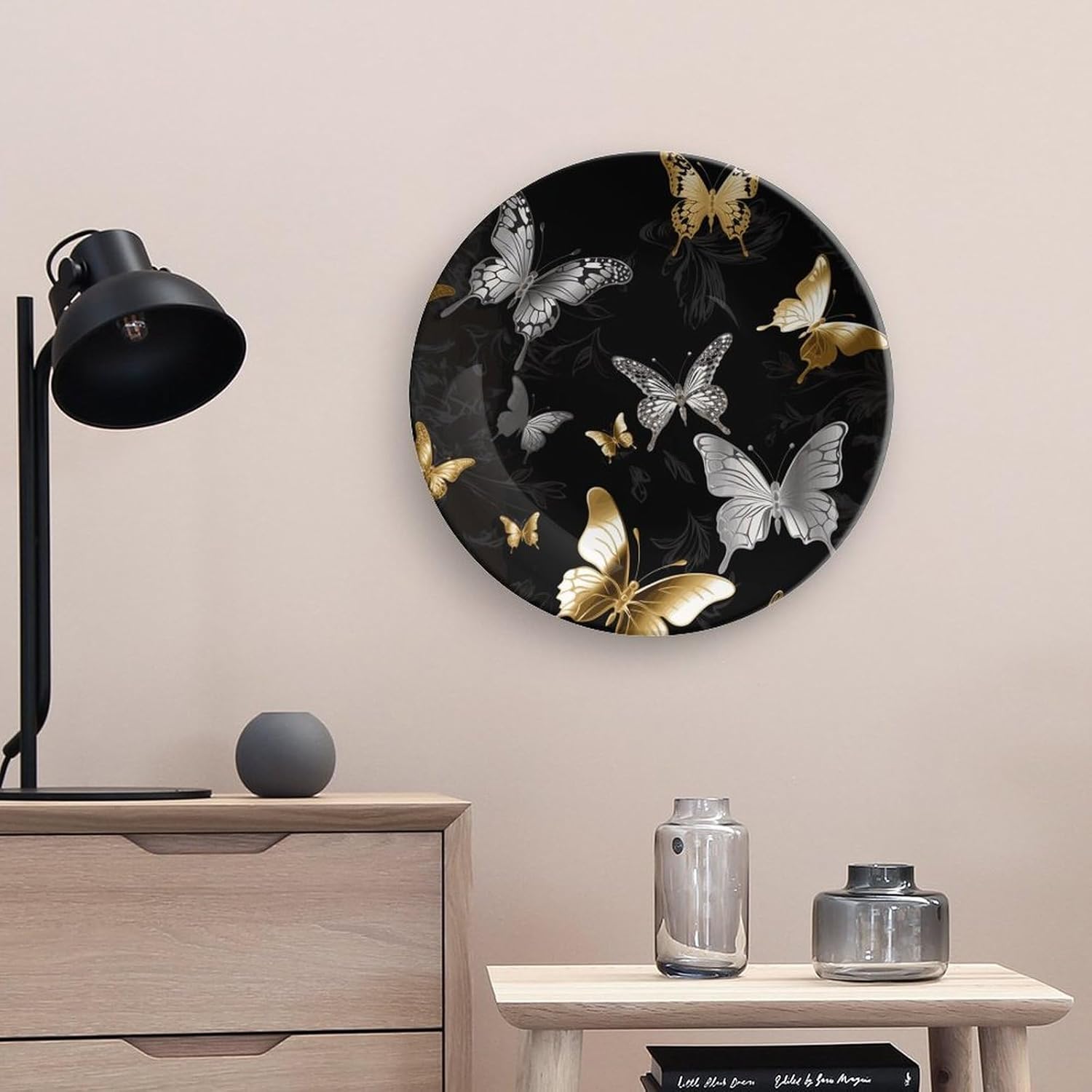 Gold White Butterflies Black Decorative Plates Bone China Plates with Stand for Display 10inch Round Ceramic Dinner Plates Dessert Plate for Kitchen Party Coffee Table Decor Art