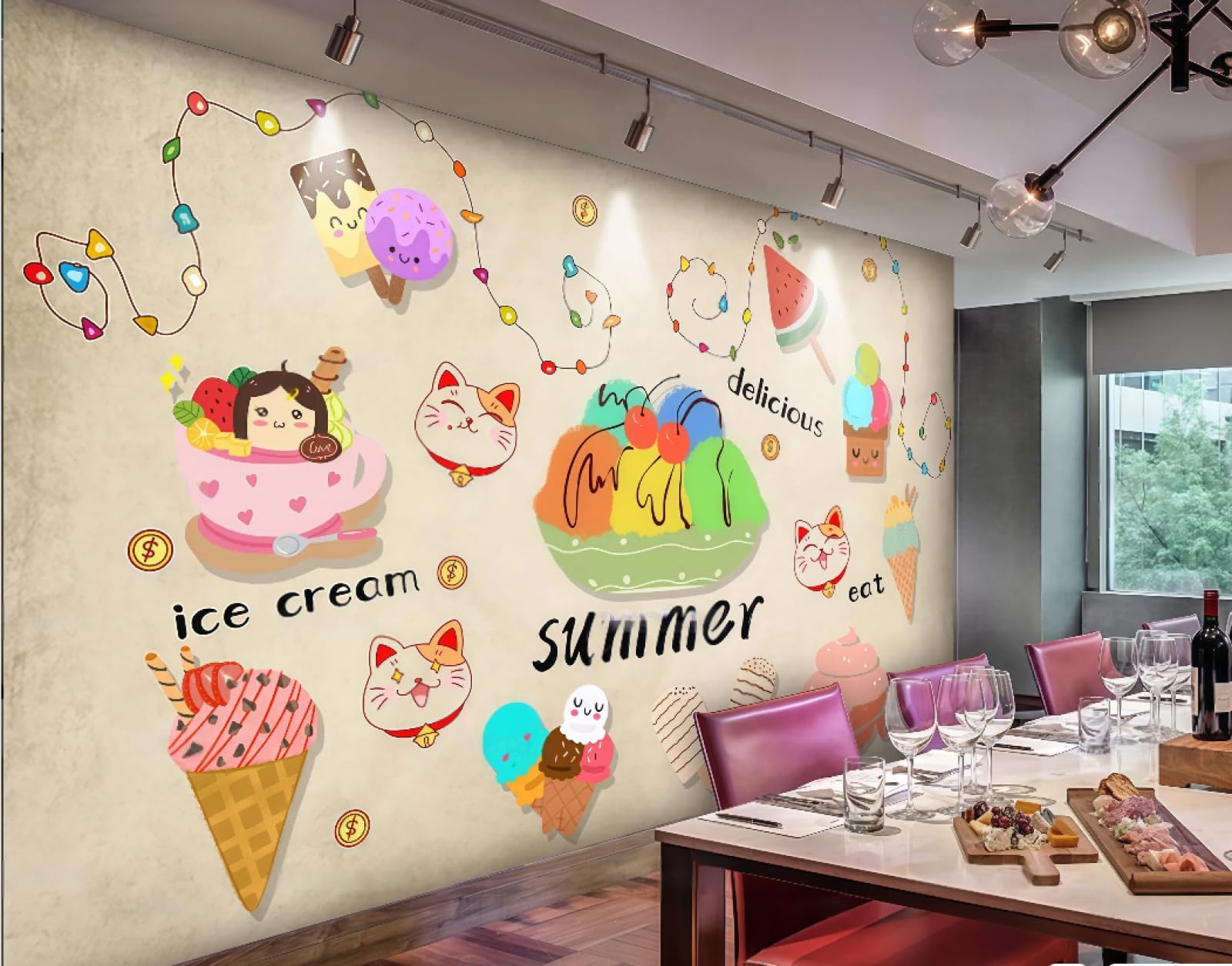 Rskjdghshd 3D Wallpaper Cartoon Cute Summer Ice Cream Afternoon Tea Drinks Gourmet Snack Bar Background Wall Western Restaurant Wallpaper Cafe Mural,,250X175cm