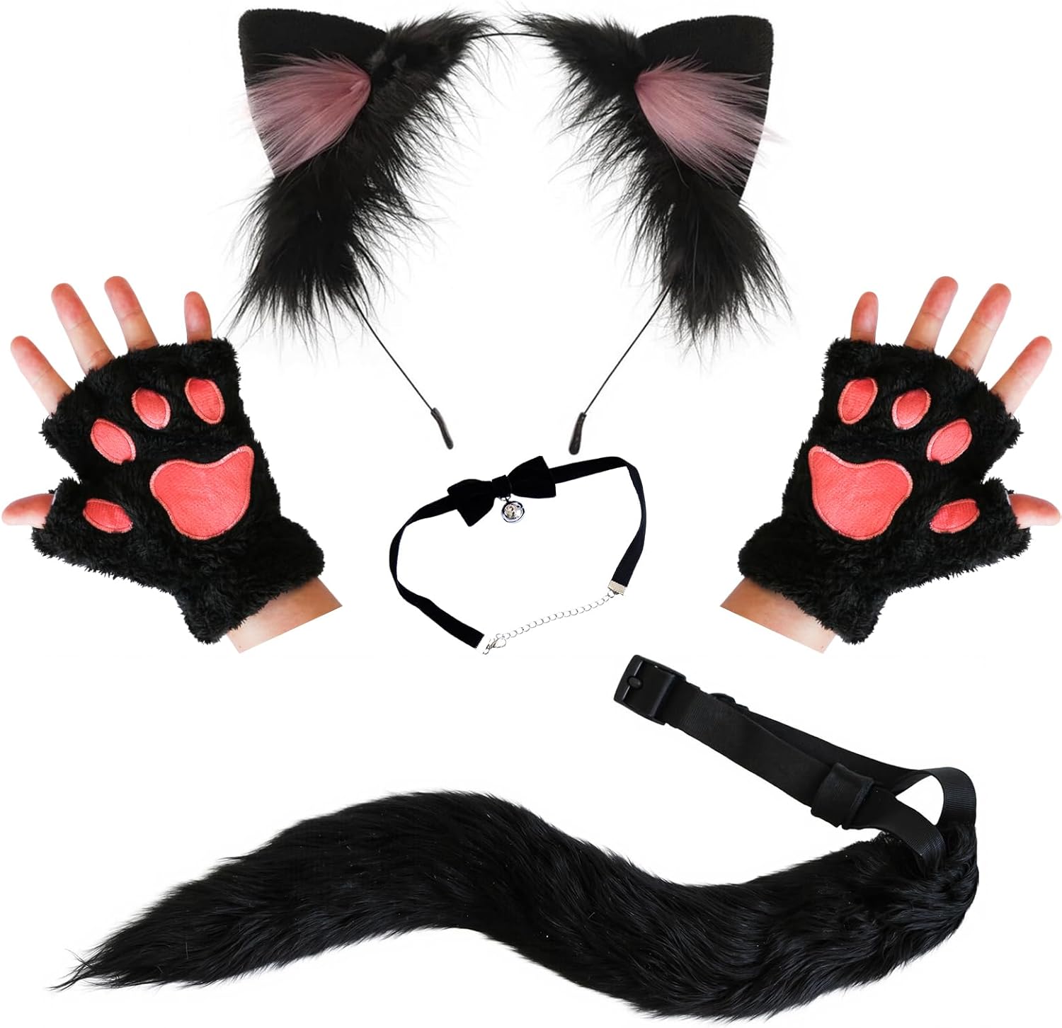 Black Cat Ears Headband with Tail and Paw Gloves - Plush Furry Cat Ear Hair Band Set for Girl Women Adult Costume Halloween Cosplay, 4PCS