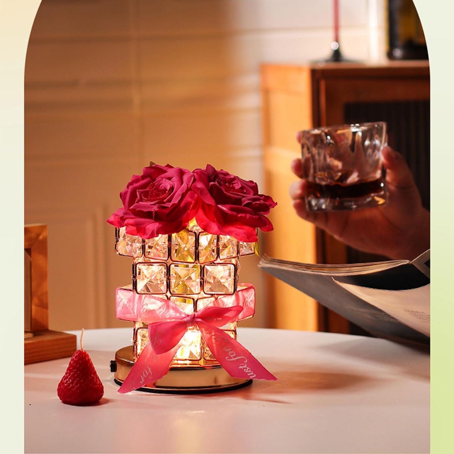 Crystal Table Lamp, Rechargeable Cordless Rose Light 3 Colors Dimmable Flower Lamp, Romantic LED Diamond Lamp for Bedroom Living Room Decor, Valentine Birthday Gift for Her (Rose Red)