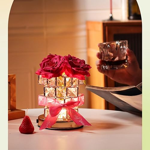 Miniatura 4 de Lámpara de mesa de cristal rosa, recargable, inalámbrica, 3 colores, lámpara de flores regulables, romántica lámpara LED de diamante rosa para