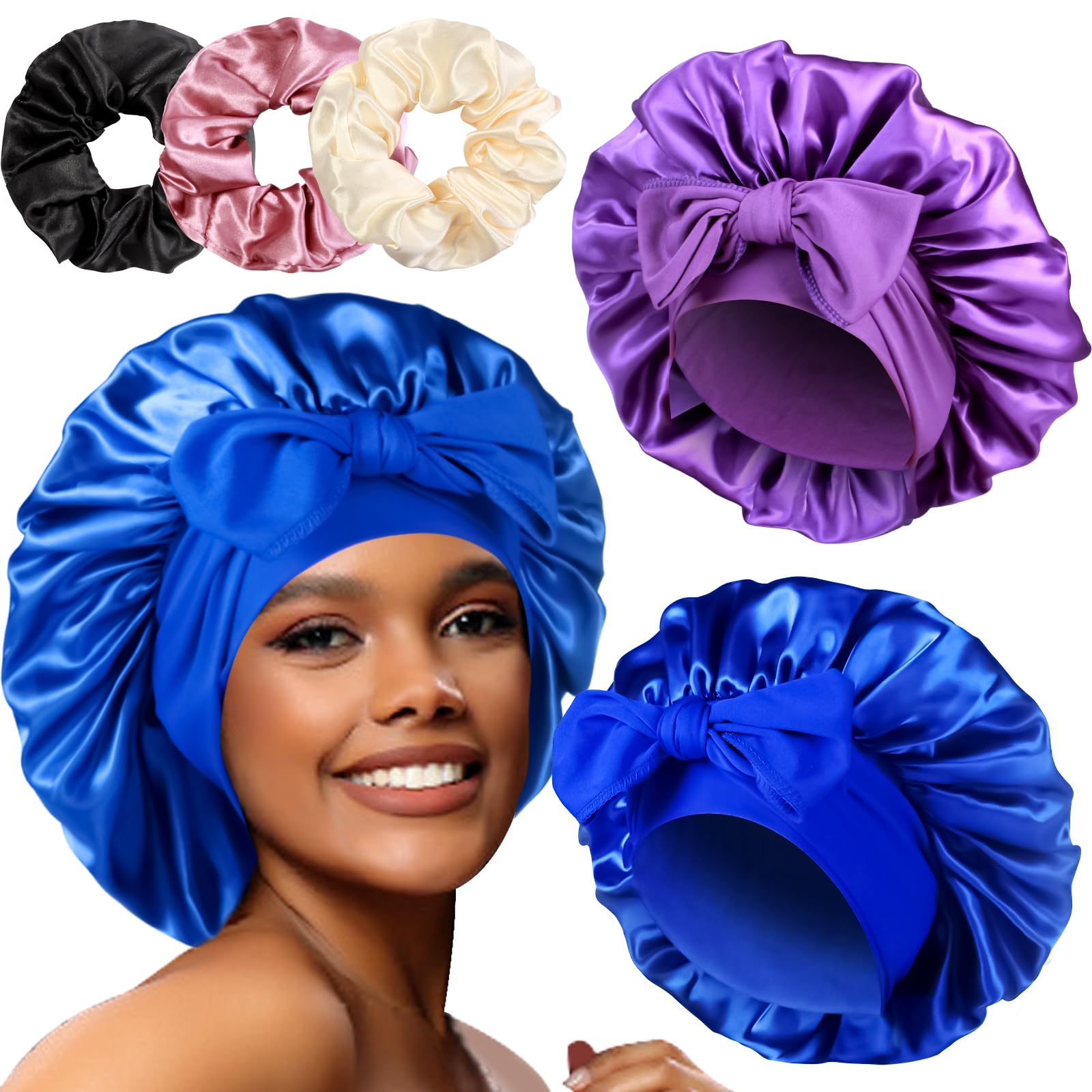 2+3 Large Satin Bonnets with Scrunchies for Women, Hair Bonnet Sleeping Tie Bonnet for Braids Curly Hair