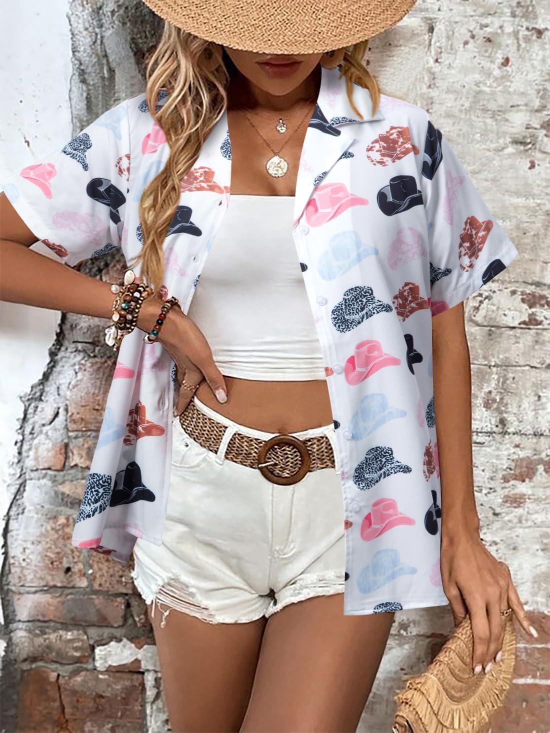 Western Button Down Shirt Women: Cowgirl Short Sleeve Boho Tops Hawaiian Tropical Graphic Tees Summer Vacation Outfit - Image 2