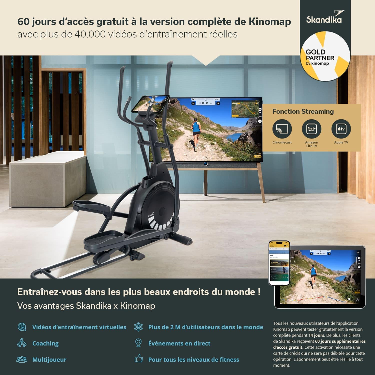 Skandika Vélo elliptique Carbon P23 | Vélo elliptique d'appartement, avec Inclinaison ou Pliable, Frein magnétique, connecté, Compatible Kinomap, Bluetooth, Max 135KG