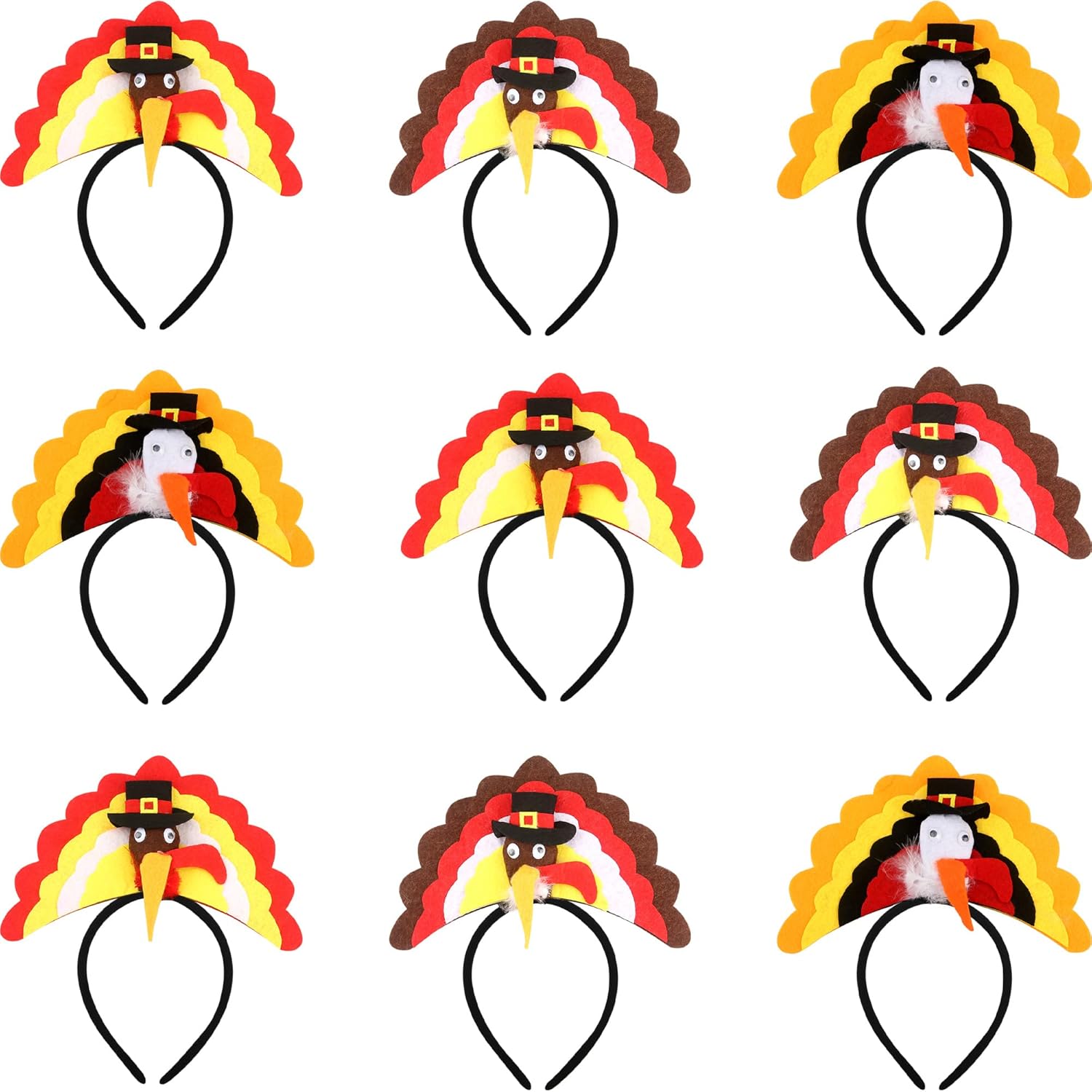 9 Pcs Thanksgiving Turkey Headband Turkey Funny Headband for Kids Adults Thanksgiving Costume Accessories Party Supplies, 3 Colors