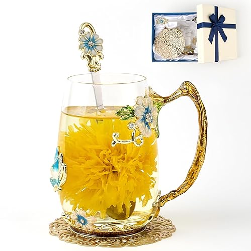 Vista 54 de Taza de té de flores, taza de café de cristal transparente con cuchara, caja de regalo para su madre, esposa, abuela, niñas, amigos, San Valentín