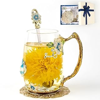 Flower Tea Cup,Butterfly Daisy Glass Fancy Coffee Mug with Spoon,Gift Box for Her Mom Wife Grandma Girls Friends Valentines Christmas Birthday Present Idea for Juice,Hot/Cold Drinks Use