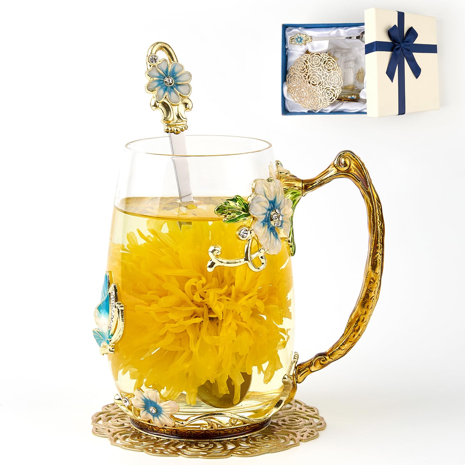 Flower Tea Cup,Butterfly Daisy Glass Fancy Coffee Mug with Spoon,Gift Box for Her Mom Wife Grandma Girls Friends Valentines Christmas Birthday Present Idea for Juice,Hot/Cold Drinks Use