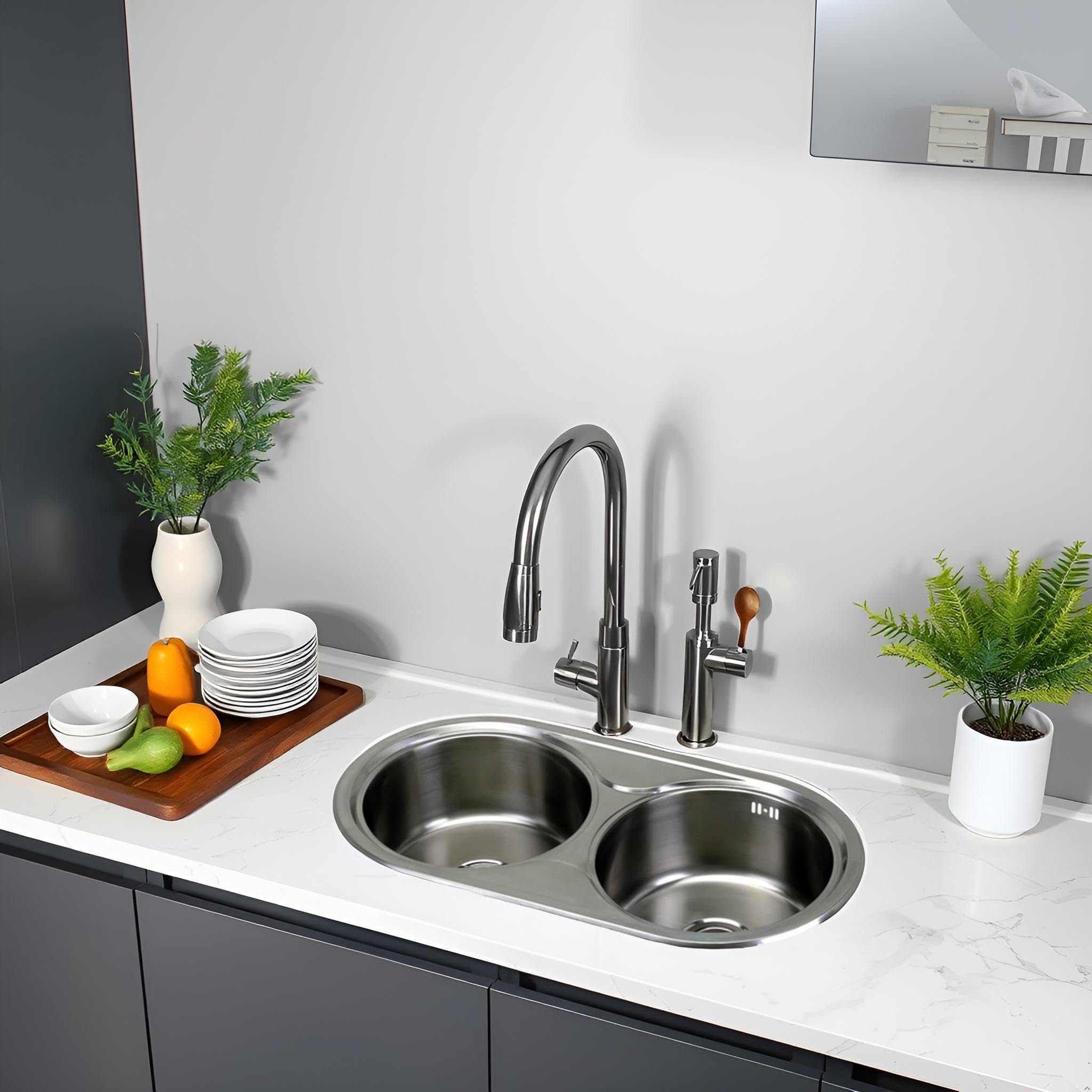 Cata | Fregadero de cocina | Modelo R 2 AG | 2 cubetas redondas | Mueble de 90 cm | Profundidad de 18 cm | Incluye accesorios