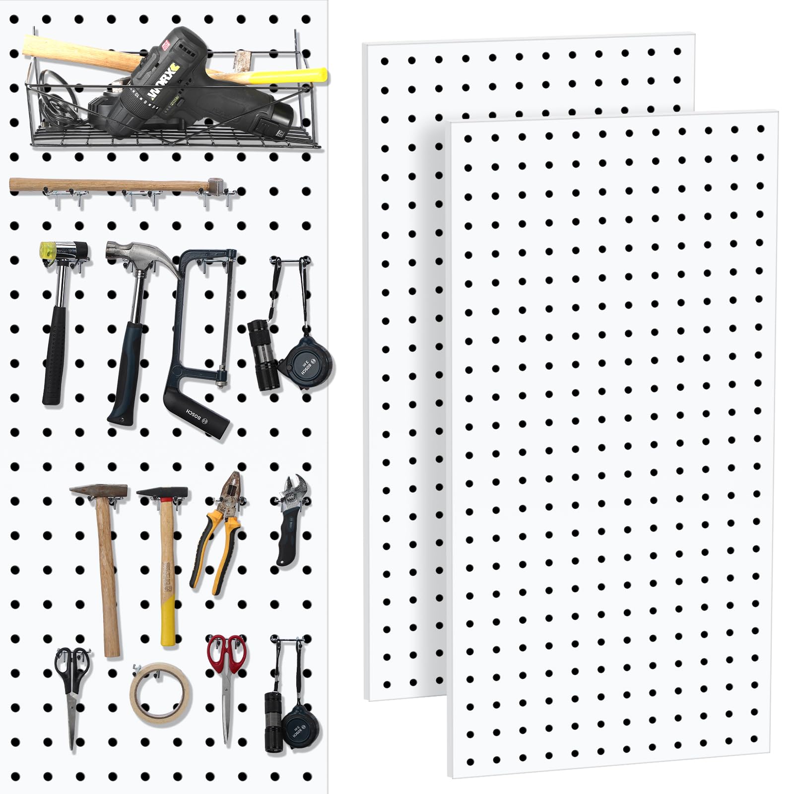 Similar with Pictures. 2 Pcs Metal Pegboard Wall Organizer 24" x 24" or 12" x 48", Wall Mount Accessories Garage Pegboard Display DIY Wall Mount Pegboard Organizer Storage for Craft Room Workbench Kitchen (White)