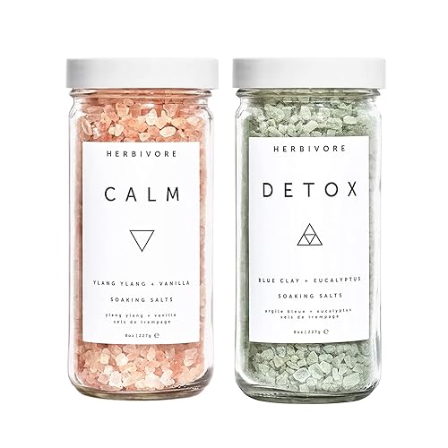 Herbivore Botanicals Calm + Detox - Sales de baño de remojo - Natural, vegano, belleza limpia (8 onzas cada una)