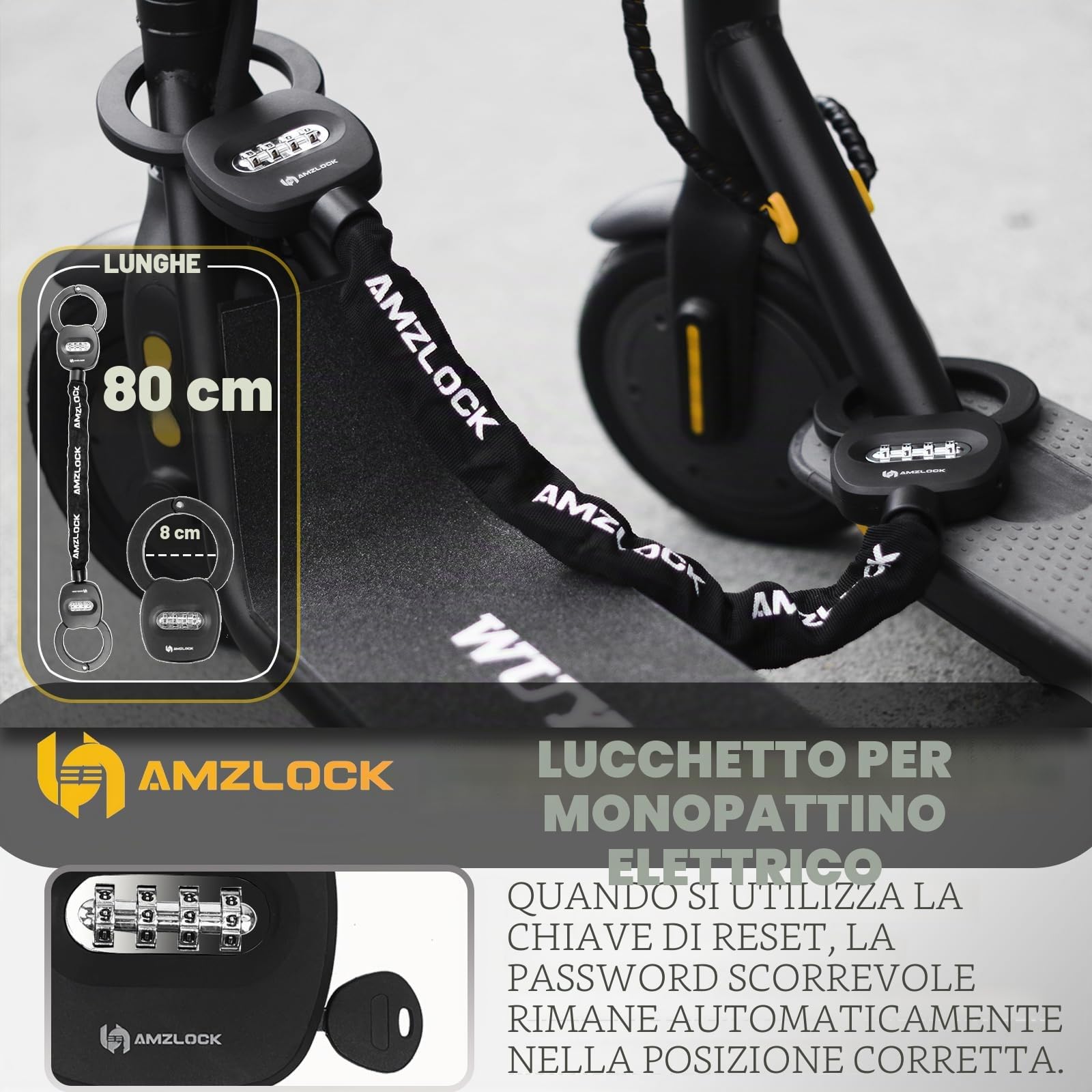 Lucchetto Bici, Antifurto Monopattino Elettrico, Catena Bicicletta Antifurto con Borsa di Immagazzinaggio, Serratura di Sicurezza delle Manette e Serratura a Catena Spessa 8mm