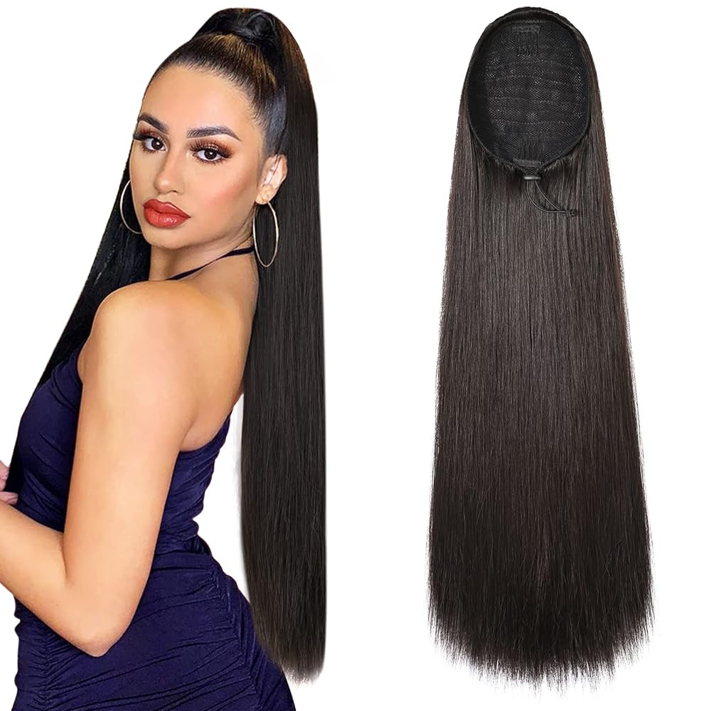SEIKEA 28 Ponytail Extensions Drawstring Long Straight Fake Pony Tail Natural Soft Clip in Hair Extension Synthetic Heat Resistant Hairpiece - Black Brown