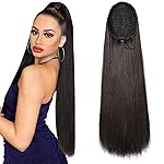 SEIKEA 28 Ponytail Extensions Drawstring Long Straight Fake Pony Tail Natural Soft Clip in Hair Extension Synthetic Heat Resistant Hairpiece - Black Brown