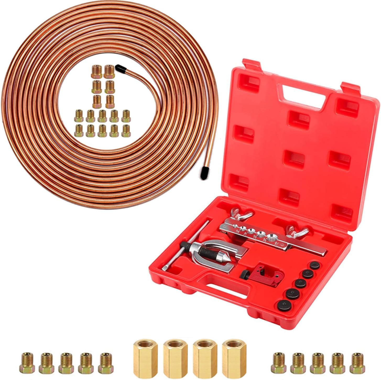 SHOOSHINE 3/16 Inch Brake Line Flaring Tools kit Include 25Ft/7.62m Copper-Plated Brake Pipe with 3/16 Brake Line Fittings (12Fittings)