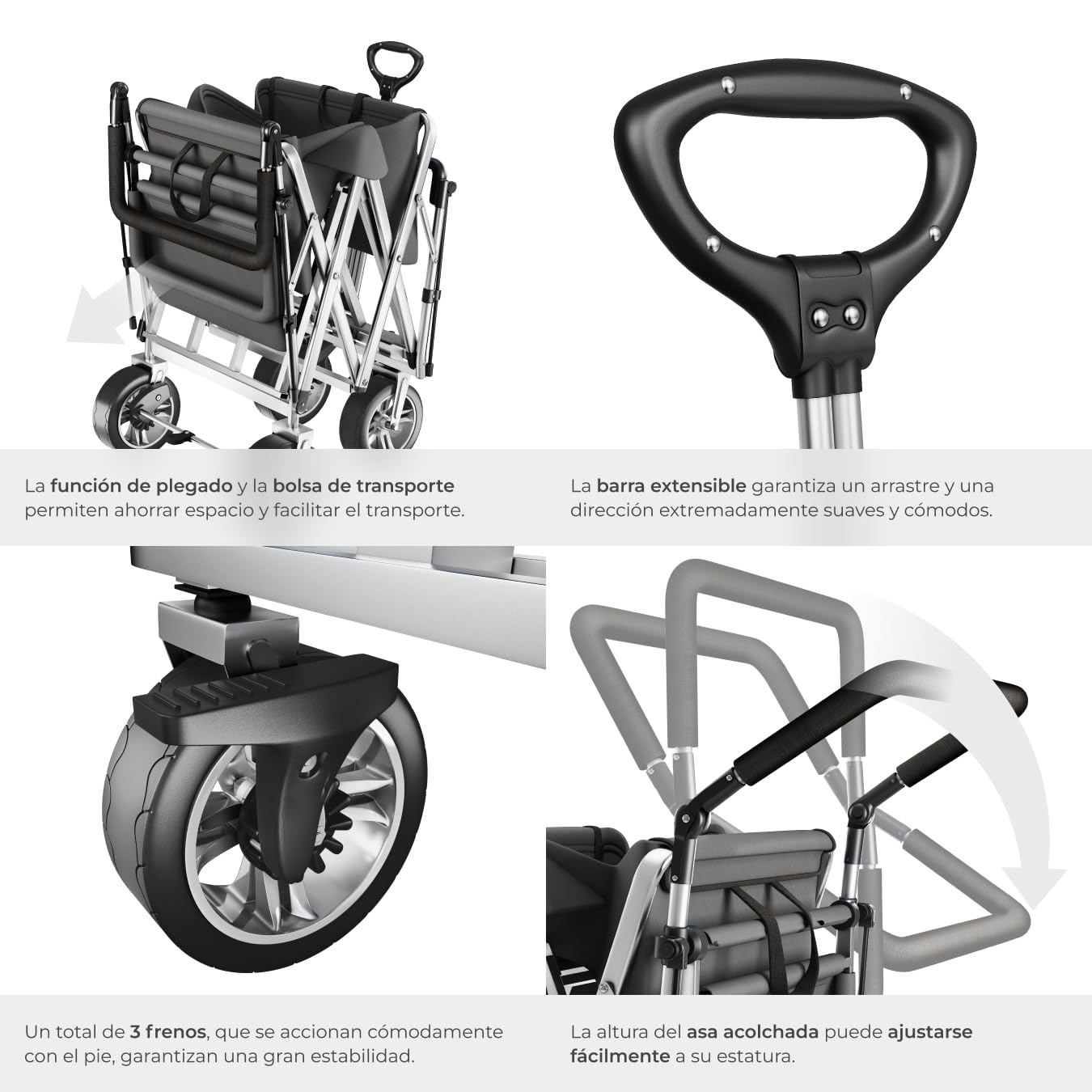 tectake® Carro Plegable para Jardín, Carro Transporte con Techo Desmontable, Carrito Playa con Asa Telescópica, Carretilla Jardín con Bolsa Trasera, Carro Camping Multiuso, Capacidad 80 kg - gris