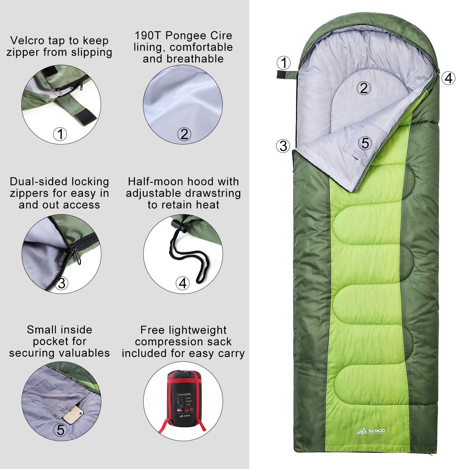 SEMOO Sleeping Bag Lightweight Water Resistant, Comfort 3-4 Seasons Envelope Compression Sleeping Bags with Hood for Adults Kids Camping Backpacking Hiking Traveling