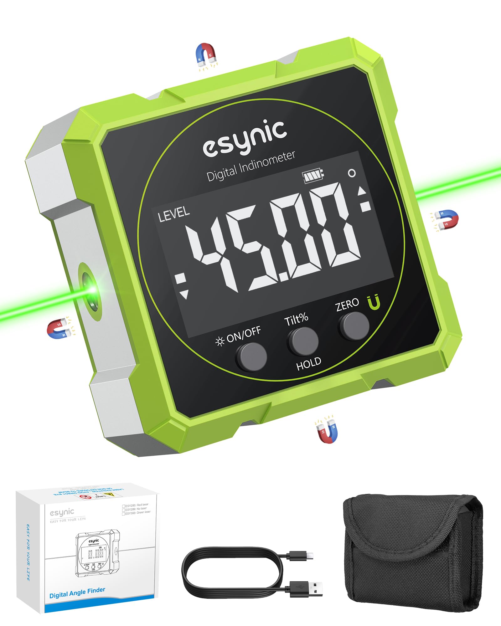 eSynic Digitaler Winkelmesser Neigungsmesser grüner Laser Wasserwaage mit LCD-VA Display 4-Seitiges Magnetisch Type-C Schnittstelle IP54 Wasserdicht Level Box Nivellierbox für Holzarbeiten Dekoration