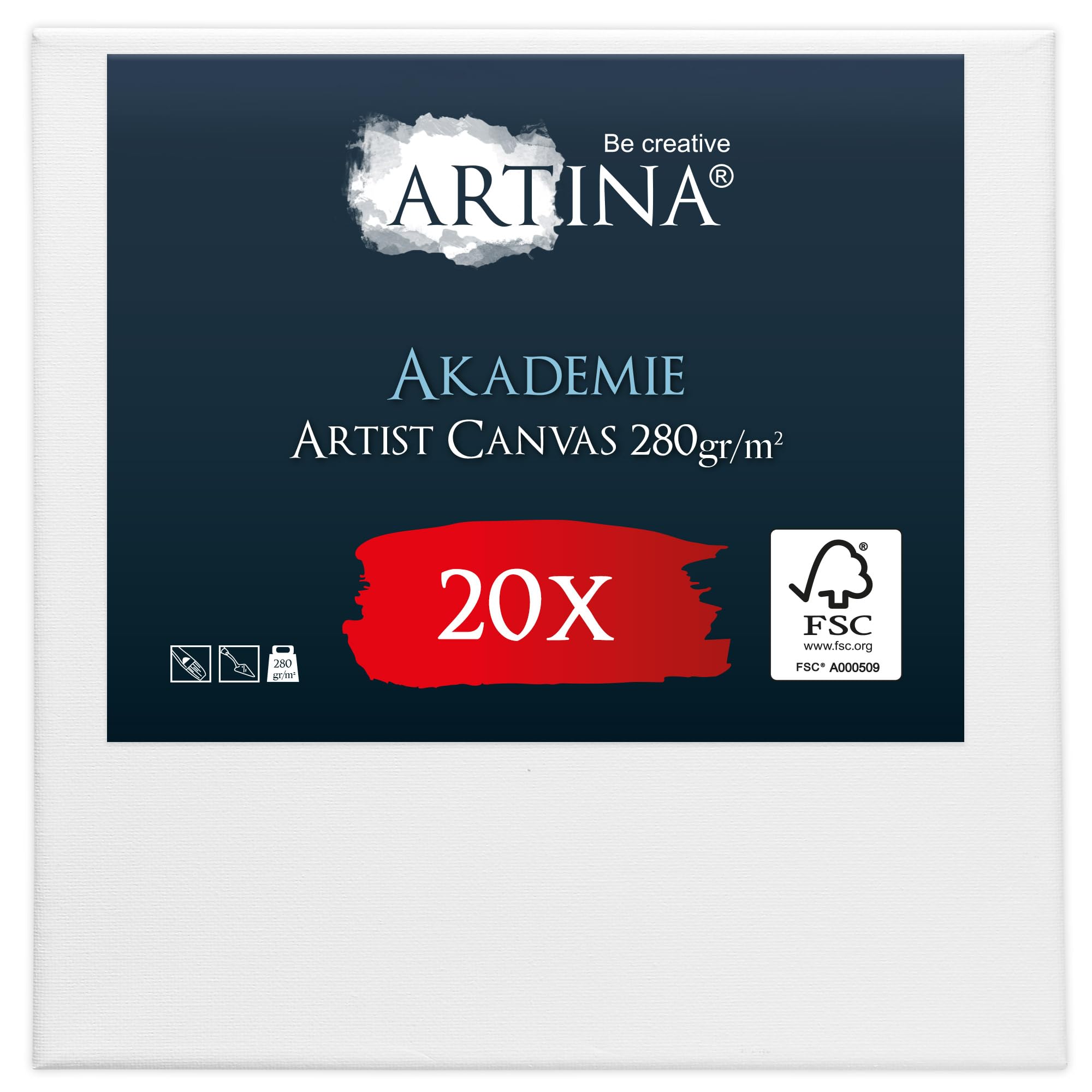 Artina Set da 20 Tela per Dipingere 20x20 cm - 100% Cotone 280g/m² – Telaio in Legno Certificato FSC – Non Si deforma – Canvas Tela Bianca Tele per Pittura – Tele Piccole per Dipingere Akademie