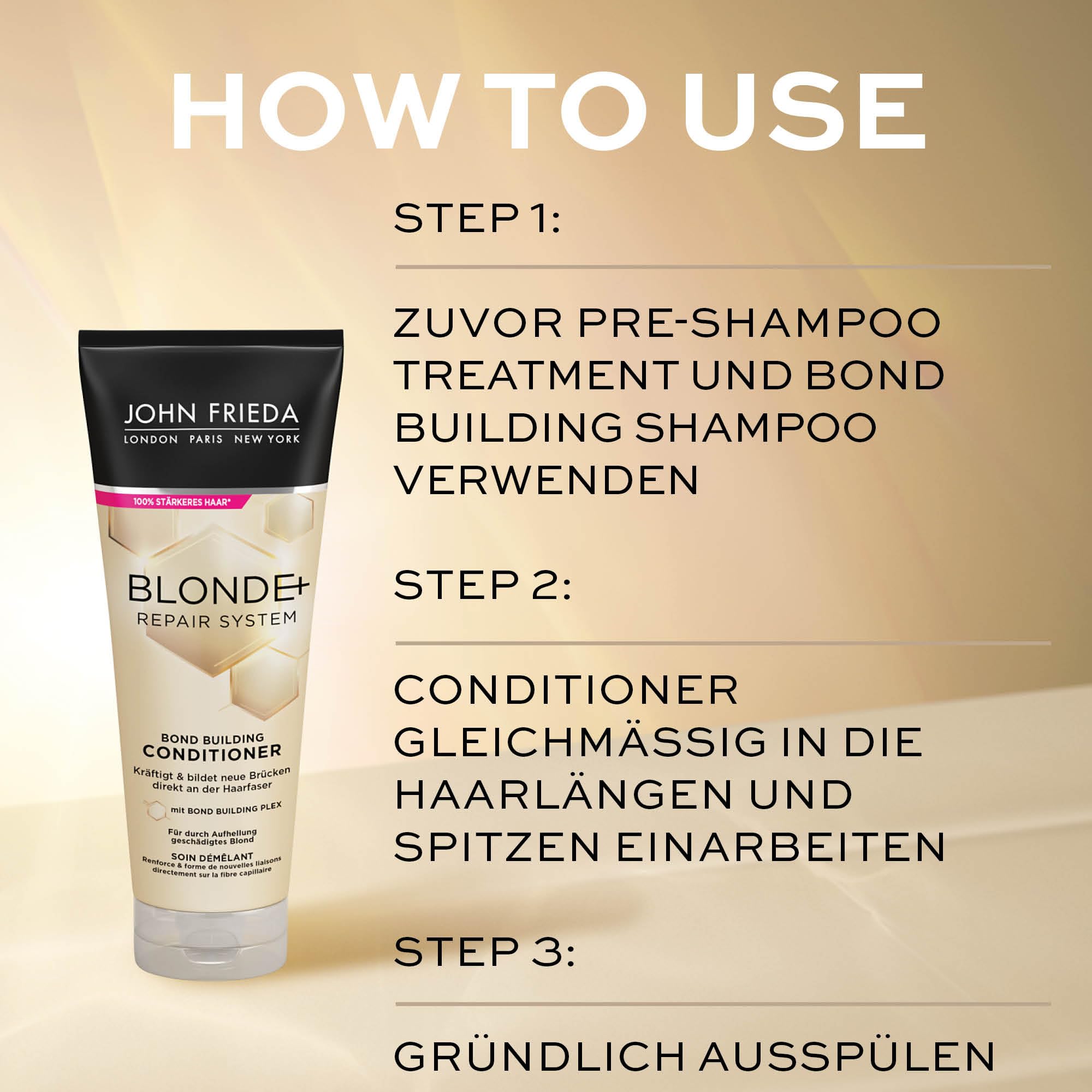 John Frieda Blonde+ Repair System Profits zestaw – zawartość: pre-shampoo Treatment, 100 ml, szampon, 250 ml, odżywka, 250 ml – łącznie z maską na oczy MegRhythm – z Bond Building Plex